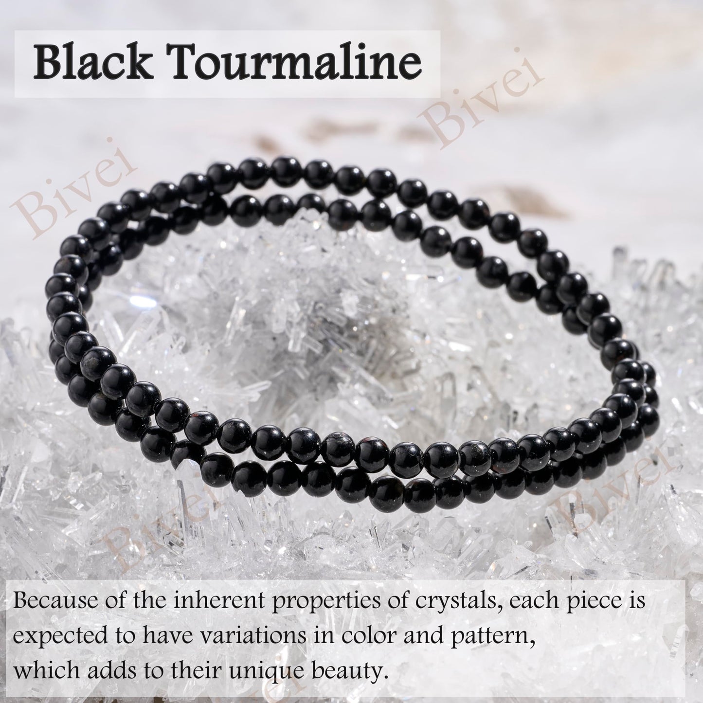 Bivei Black Tourmaline - Protective - 4mm Beaded Bracelets for Women Handmade Semi Precious Natural Stone Stretch Elastic Jewelry Yoga Protection Gifts