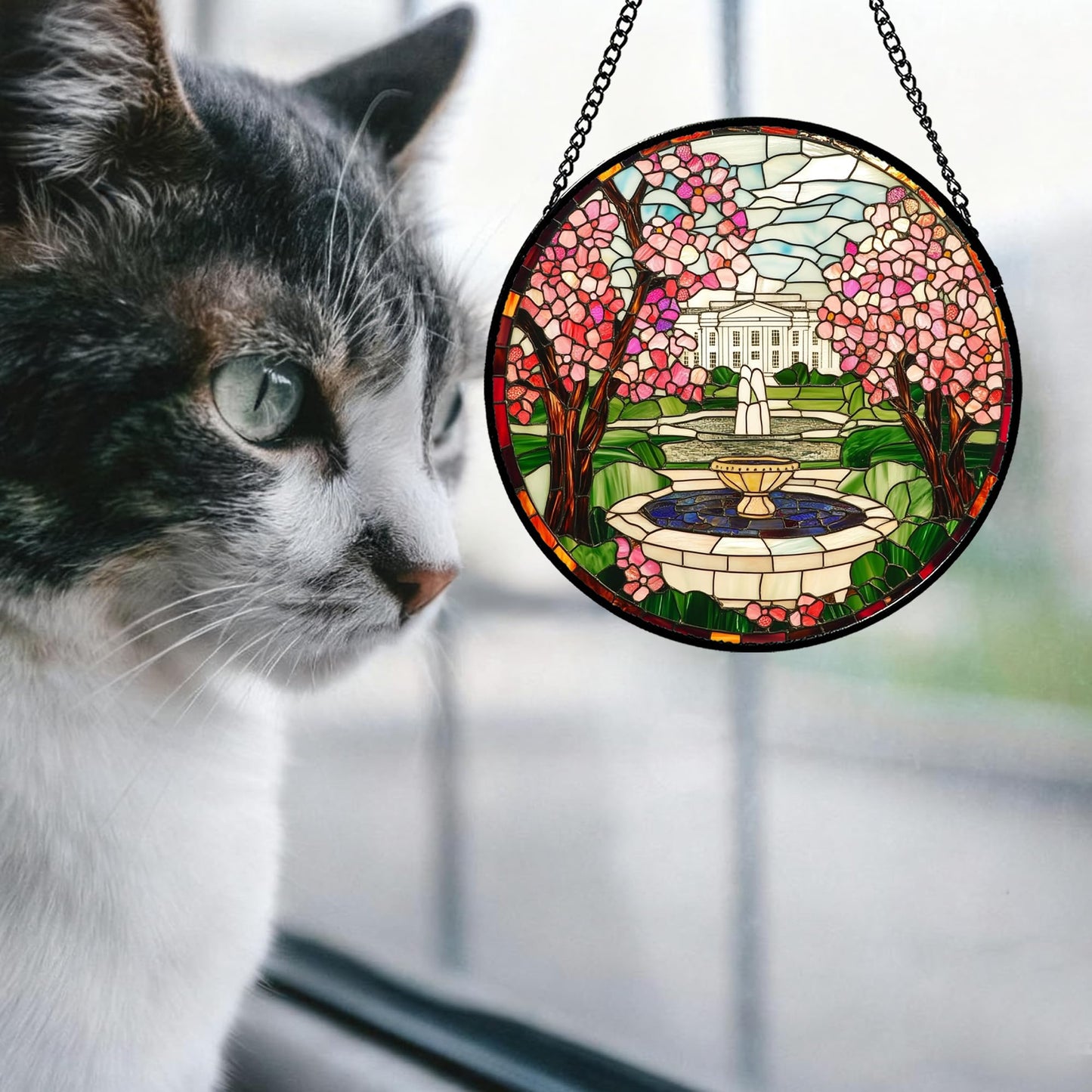 CHATYOUNG Stained Glass Window Hanging White House Cherry Blossoms Large 11.8" - Landscape Suncatcher Door Garden Home Decor and Christmas Mother's Day Birthday Gifts Grandma Mom Nana Women Friend