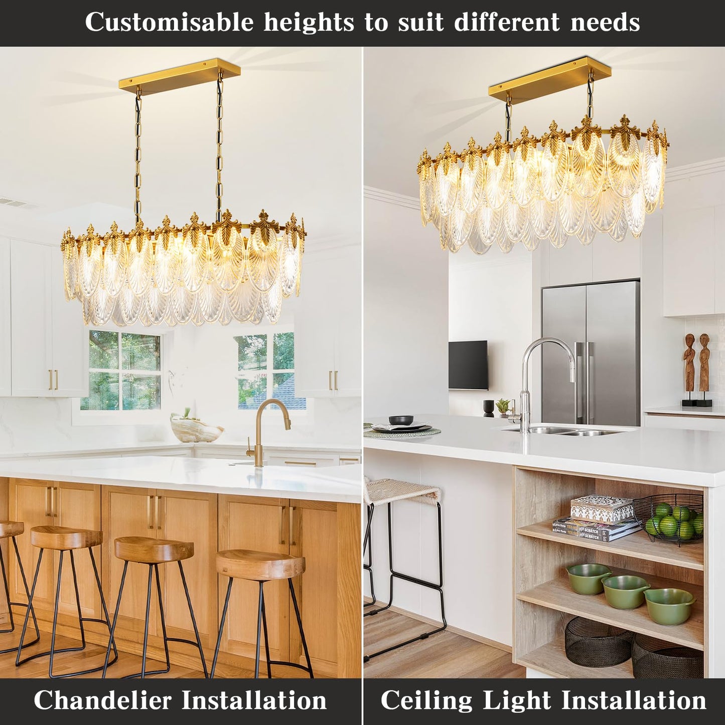 KELUOLY Rectangular Crystal Glass Dining Room Chandelier, 8 Light Gold Chandeliers Lighting Fixture, L33.5'' Height Adjustable Oval Ceiling Pendant Light for Office Coffee Over Table Kitchen Island