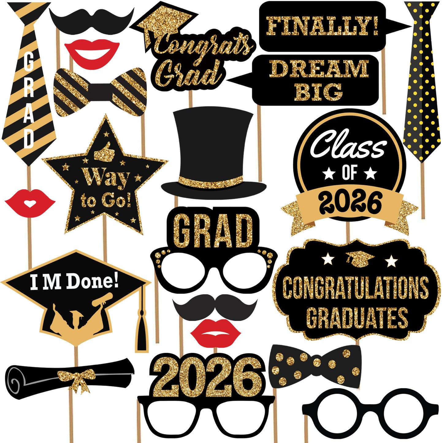 KatchOn, Graduation Photo Booth Props 2026 - Pack of 21 | 2026 Photo Props for Black and Gold 2026 Graduation Decorations, Graduation Party Decorations, Graduation Photo Booth Props, Grad Party Decor