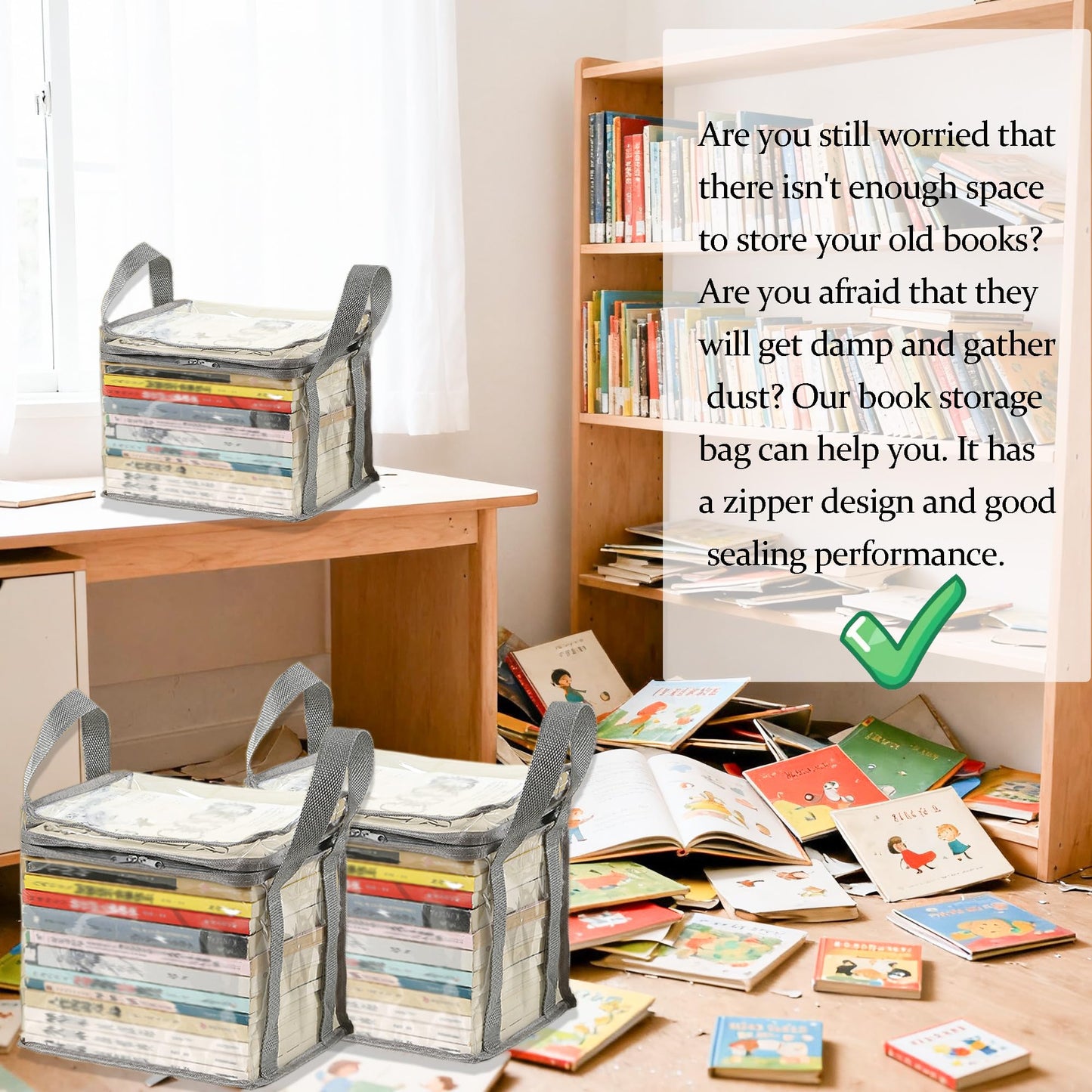 3PCS Clear Book Storage Bag - Plastic Comic Books Organizer Book Carrier with Lid and Lifting Handle Collapsible Display Case for Books Toys 38x24x32cm/15x9x3inches
