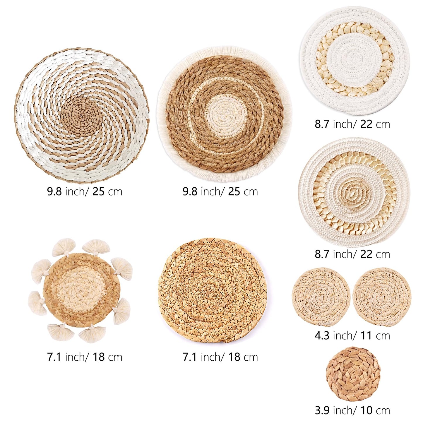 9 Pack Boho Wall Basket Set, hanging Woven Wall Basket Decor, Seagrass Rattan Wicker Boho Wall Decor, Eco-Friendly Round Art for Farmhouse Bedroom Living Room Display Table Settings Kitchen Home