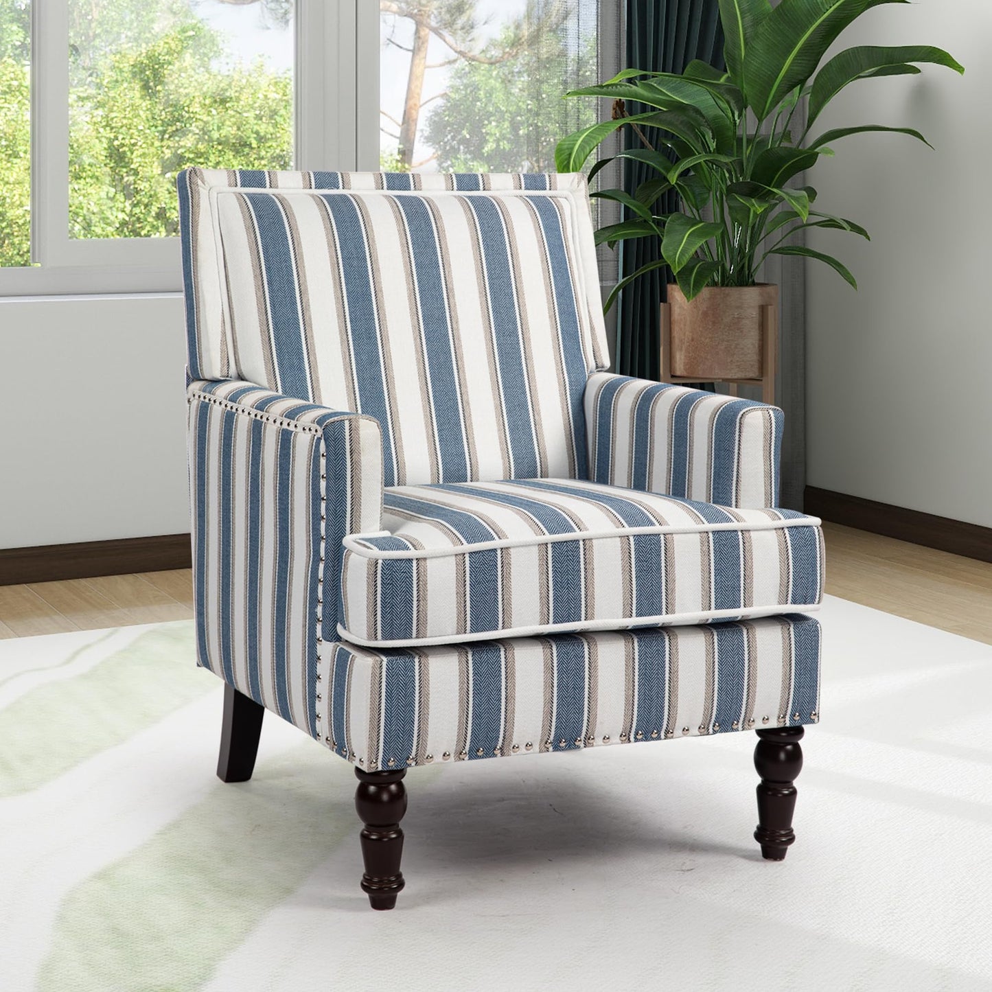 WakeZero Accent Chair, Comfy Cozy Modern Mid-Century Accent Chairs, Linen Upholstered Lounge Arm Chair with Solid Wood Reading Side Padded Single for Living Room/Office/Balcony/Bedroom-Blue Stripe