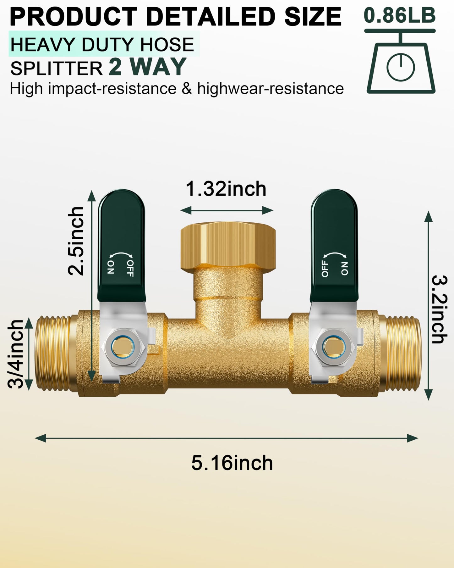 EBH Garden Hose Splitter 2 Way, Heavy Duty Solid Brass Hose Splitter with Shutoff Valves, Water Spigot Splitter With 304 Stainless Steel Handle, Full Flow Outdoor Faucet Splitter, 3/4" GHT Thread