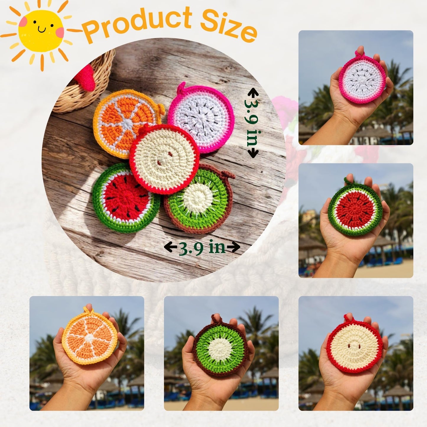 Handmade Yarn Coasters with Storage Basket, 5-Pack Soft Crochet Drink Coasters, Washable Durable Cup Coasters, for Mom, Coffee Lovers (Fruit)
