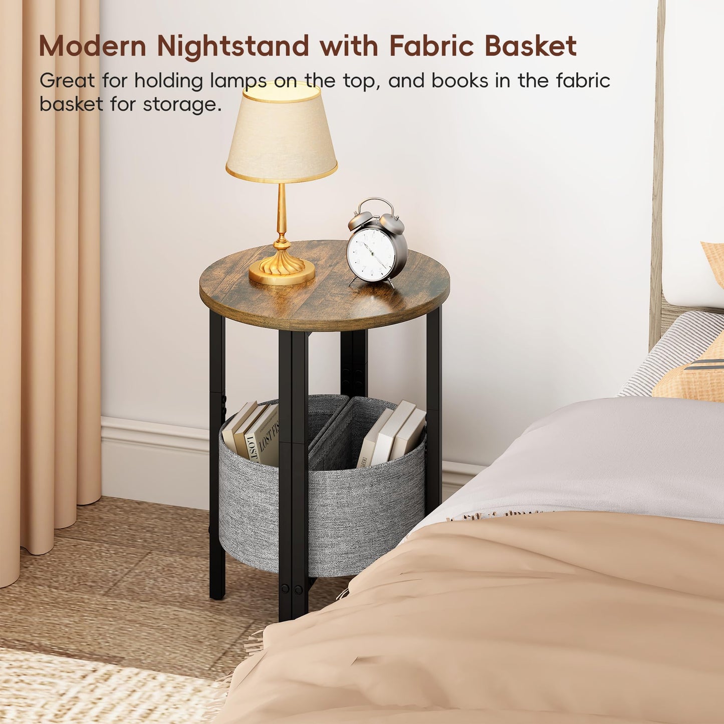 Vagusicc Small Round Side Table, Accent End Table with Storage Basket, Set of 2 Half Round Coffee Table End Table, Half Moon Bedside Table, Modern Nightstand Couch Table for Living Room Bedroom, Brown
