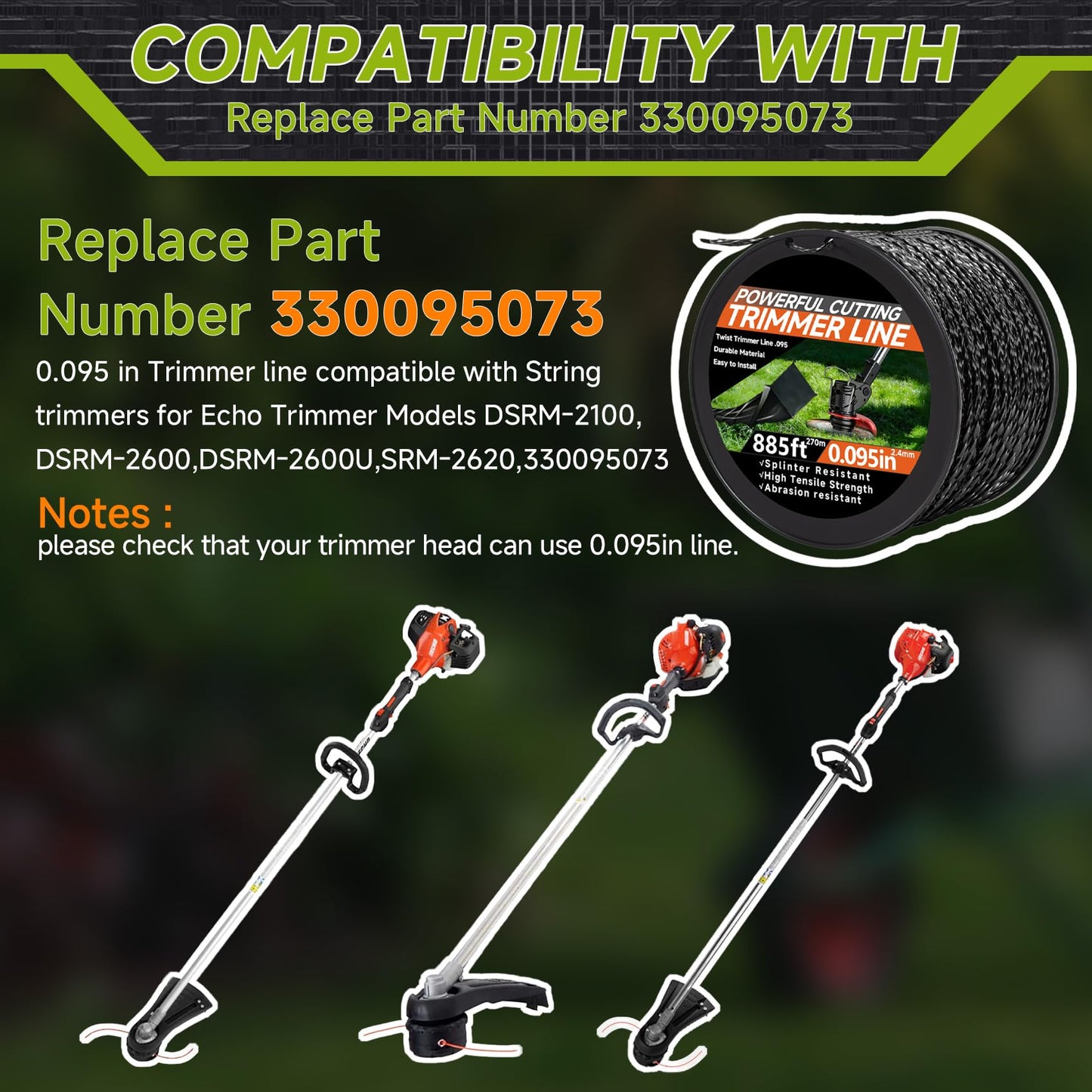 GeekNi 885ft 0.095" for Black Diamond Trimmer Line Heavy Duty Professional Twisted Weed Wacker String Spiral Trimmer Line Spool with Cutter for Echo Trimmers Line 330095073
