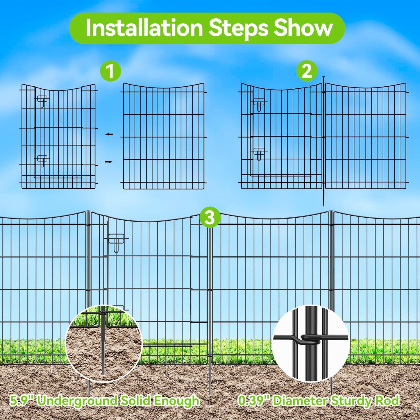 INJOPEXI Garden Fence 12 Panels 23.6ft (L)×30in (H) Decorative Metal Fences with 11 Panels + 1 Gate, No Dig Animal Barrier Fencing Rustproof Wire Temporary Rabbit Dog Fence Border for Outdoor Yard
