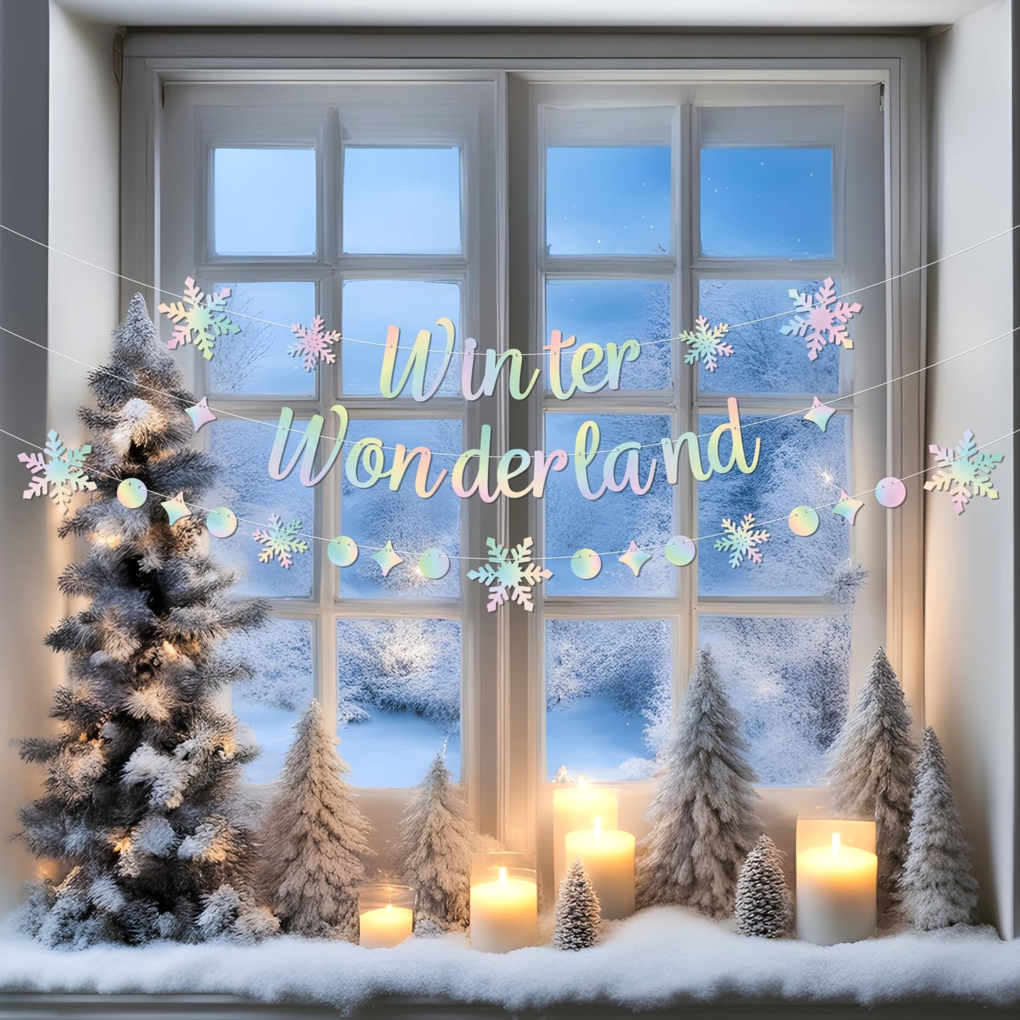 Holographic Winter Wonderland Banner, Iridescent Snowflake Garland Banner for Christmas Decoration