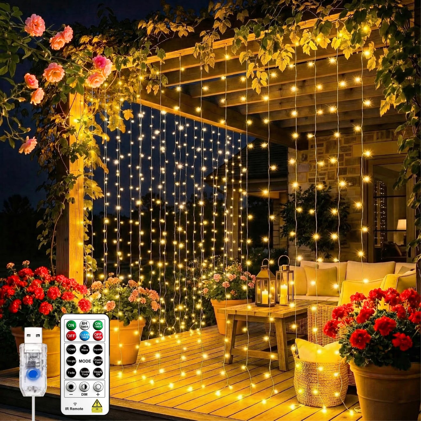 SINAMER Curtain Light for Bedroom, 200LED 6.6x6.6ft Warm White Window Wall Hanging Fairy Curtain String Light, 8 Modes Remote Fairy String Lights Indoor for Wedding Party Home Garden Decorations