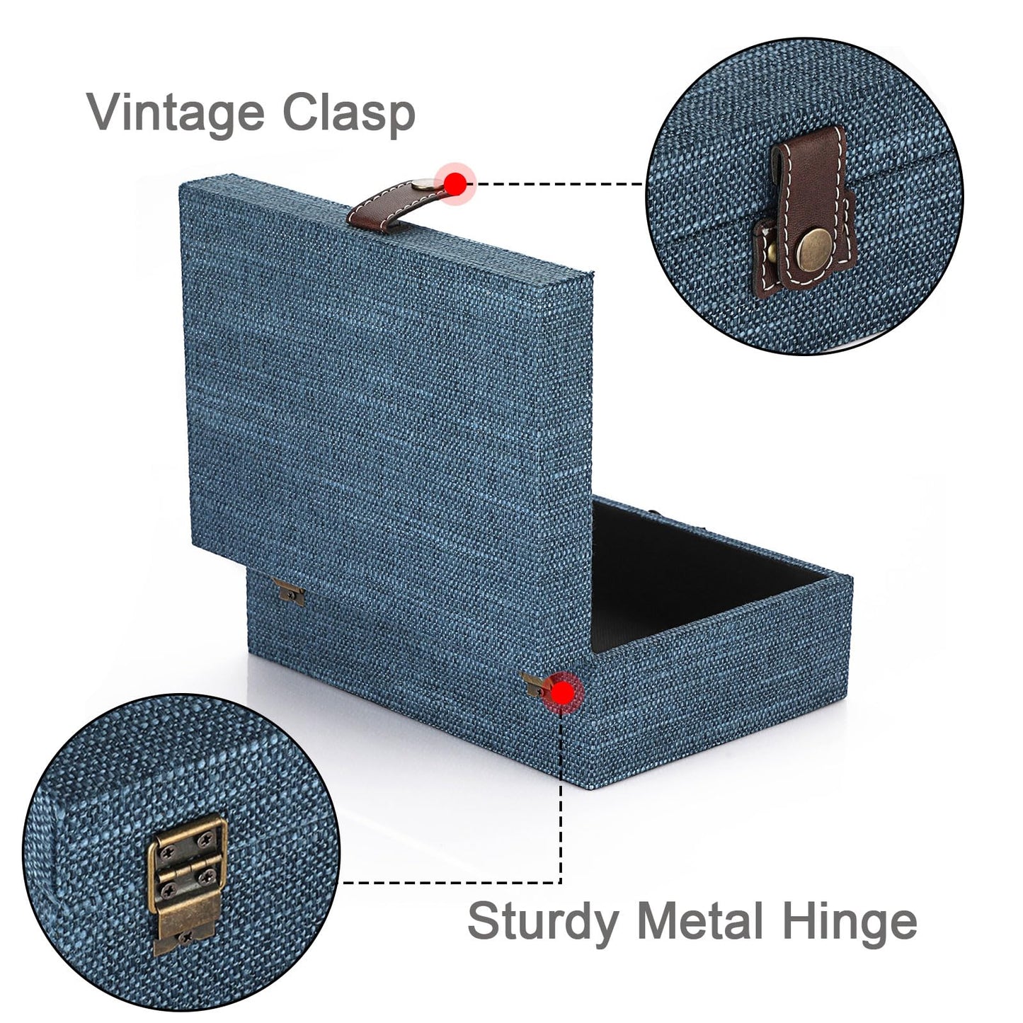 Hipiwe Treasure Chest Jewelry Box - Wooden Decorative Box with Clasp Linen Covered Memento Case Box Rectangular Keepsake Box Photos Storage Organizer Home Decor,Blue