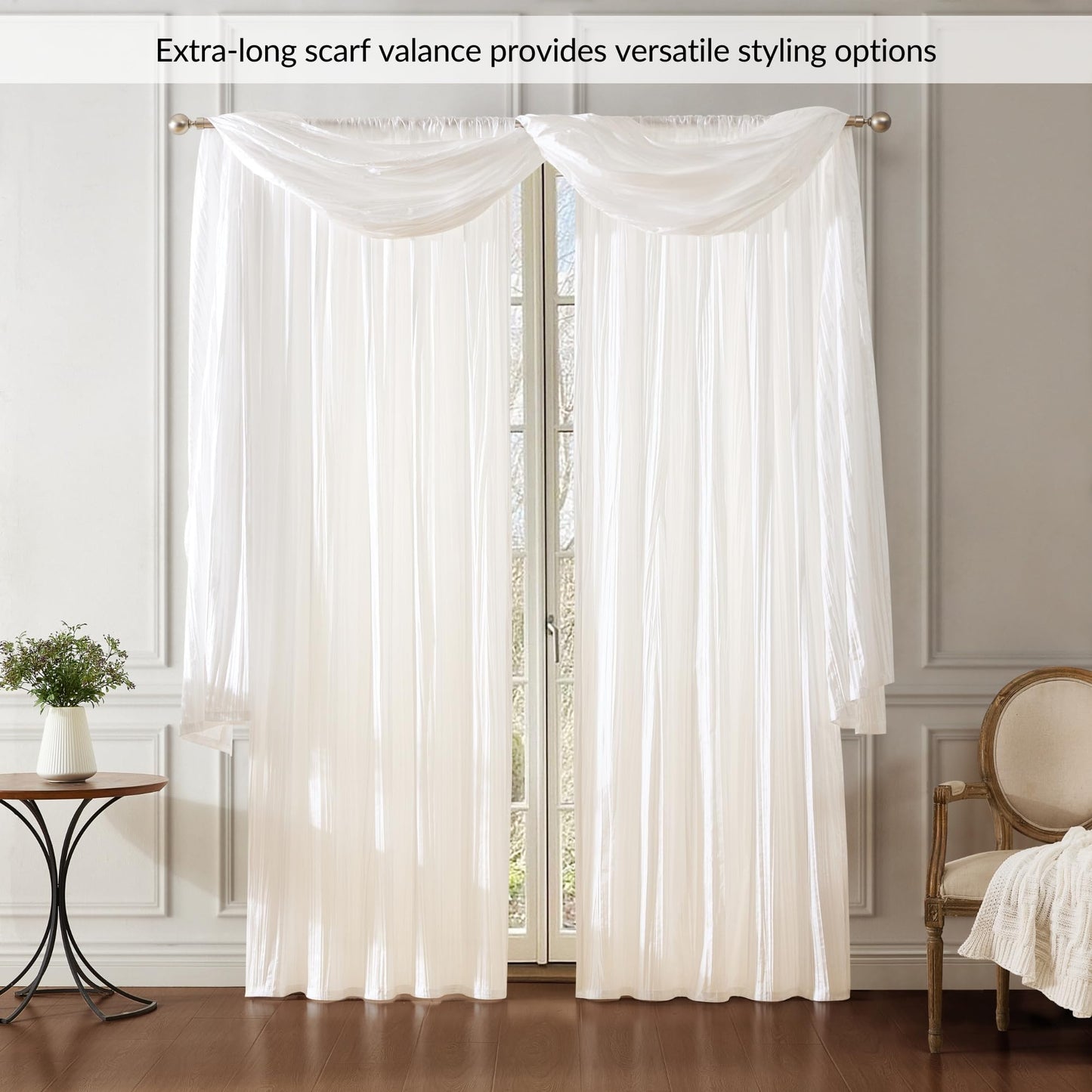 Elrene Home Fashions Athena Faux Crushed-Silk Window Curtain Panel and Valance Set, 52"x95" (2 Panels) & 1 Valance, White