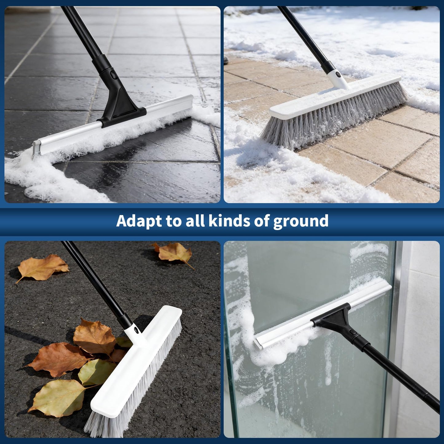 3-in-1 Floor Brush with Squeegee and Adjustable Long Handle, Push Broom with Rubber Squeegee, Suitable for Warehouses, Glass, Floors, Tiles, Hardwood Floors, Decks and Patios