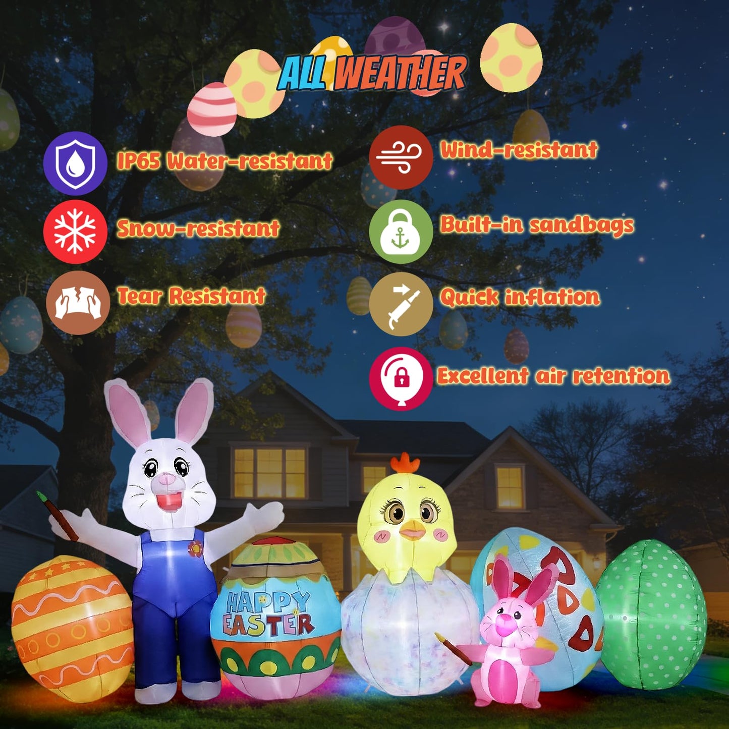 KISSUNY Easter Inflatable Outdoor Decoration, 11.5 FT Wide White Bunny with Chick and Easter Eggs, Built-in LED Lights, Blow Up Yard Decor for Lawn and Garden
