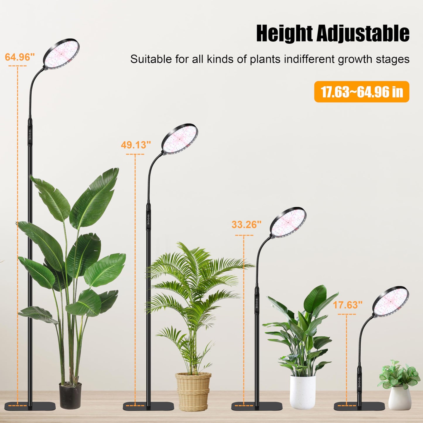 Hywyimlait Floor Grow Lights for Indoor Plants, Full Spectrum Plant Light with Stand for Growing Large Tall Plants, Grow Lamps with 4/8/12/18H Timer, 3 Light Modes, 10 Dimming,Height Adjustable, Black