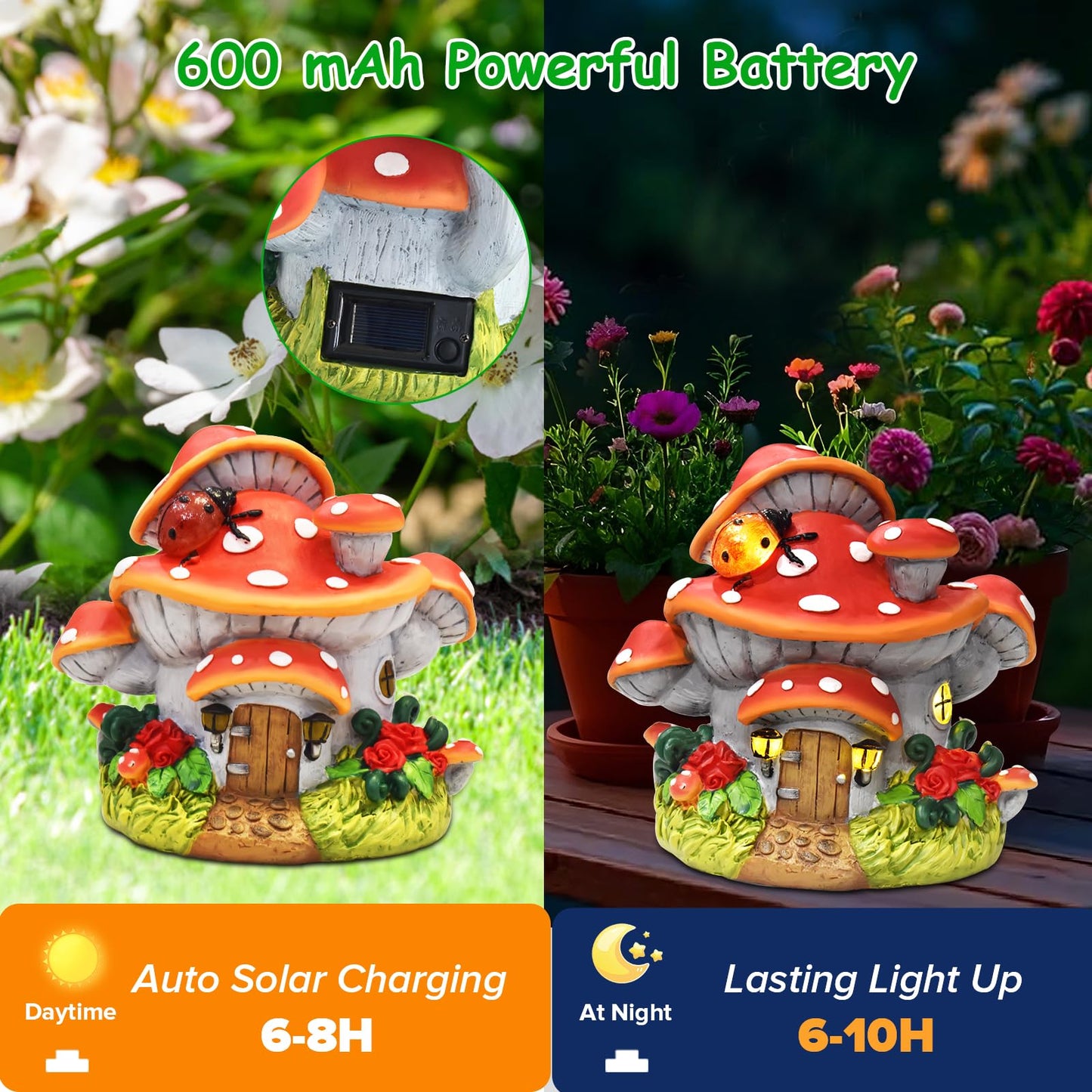 WINTS Solar Mushroom House Statue,Fairy Garden Houses with Solar Lights, Outdoor Mushroom Garden Statue Decoration for Fairy House, Outside Lawn Yard Patio, Gifts for Mom