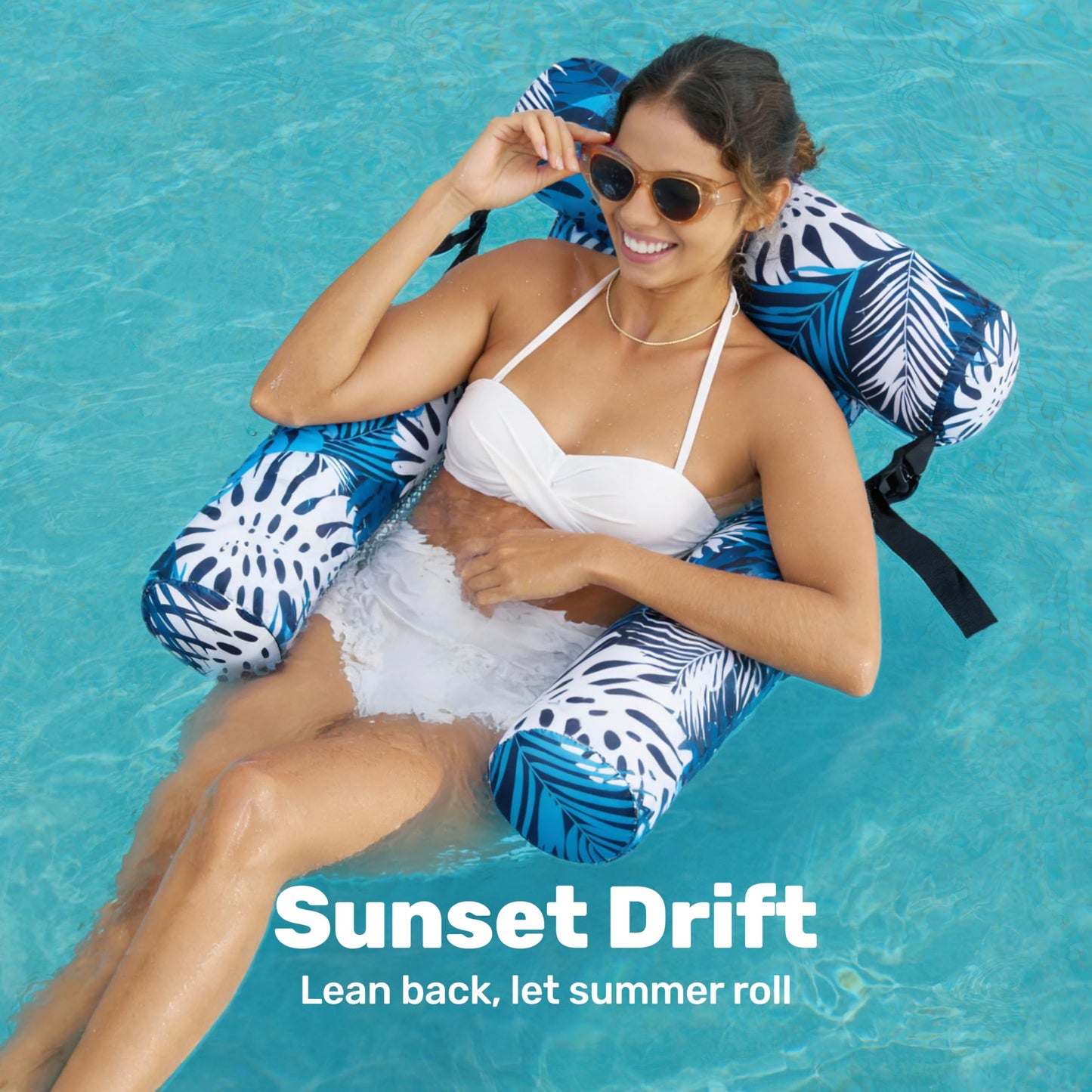 SLOOSH Pool Floats Chairs Adult,Inflatable Pool Lounge,Plant Pattern Floating Mat Hammock,Blow up Water Chairs Noodles rafts for Party Summer Water Beach Fun,Blue Leaves