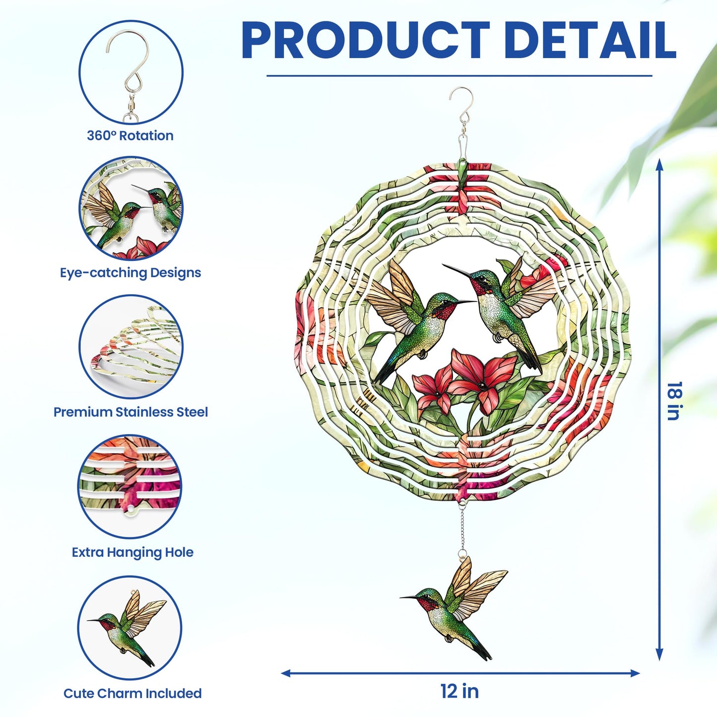 FLAGWIX Hummingbird Gifts for Women - 3D Stainless Steel Metal Wind Spinners 12in - Hummingbird Wind Spinner Yard Decorations Outdoor Indoor Hanging Garden Decor, Mothers Day Birthday Gift For Grandma
