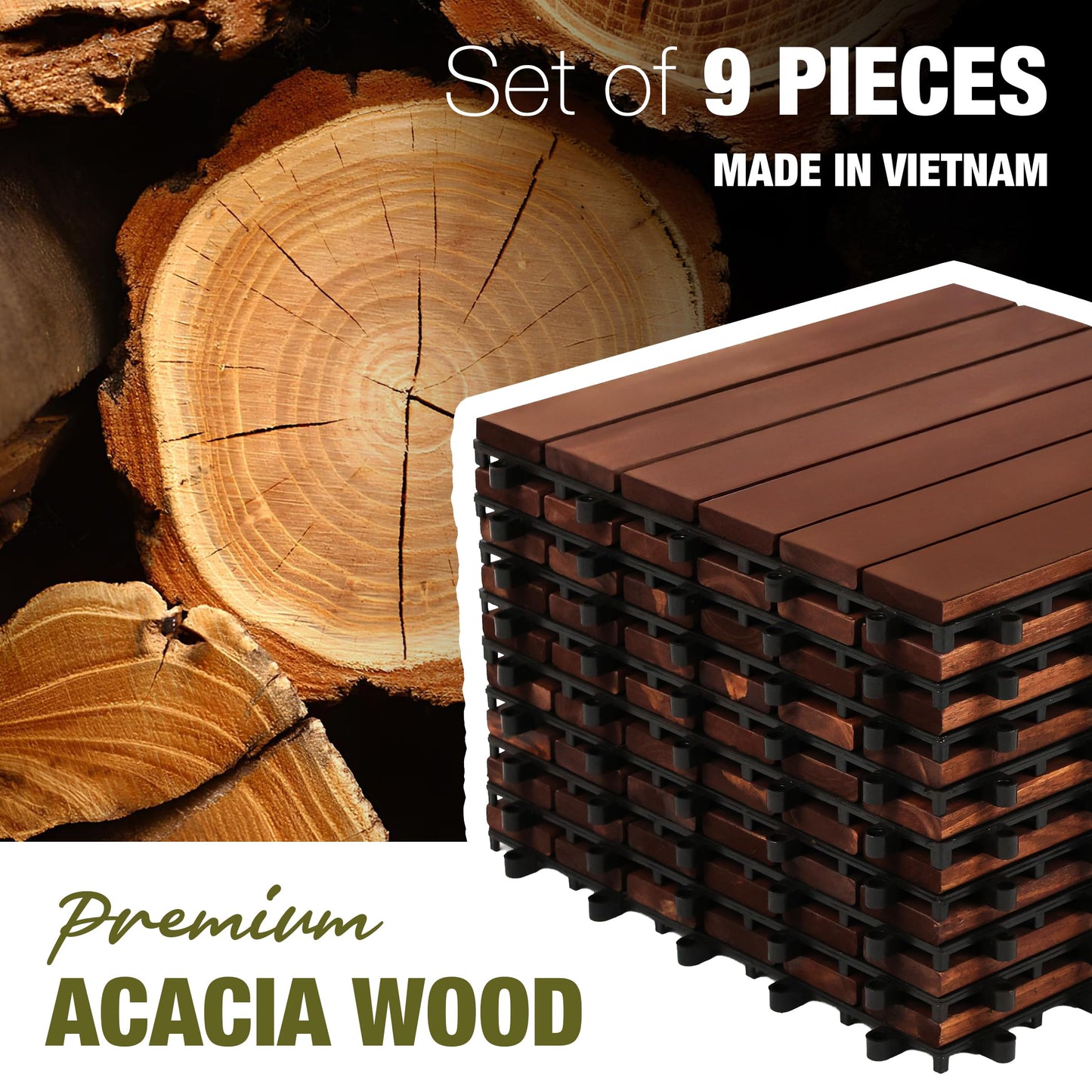 GREEN ALLUVIUM Premium Acacia Wood Interlocking Deck Tiles, 12"x12"x0.9" Outdoor Patio Flooring, Waterproof All-Weather Use, 9 PCS, Dark Brown – Striped Pattern