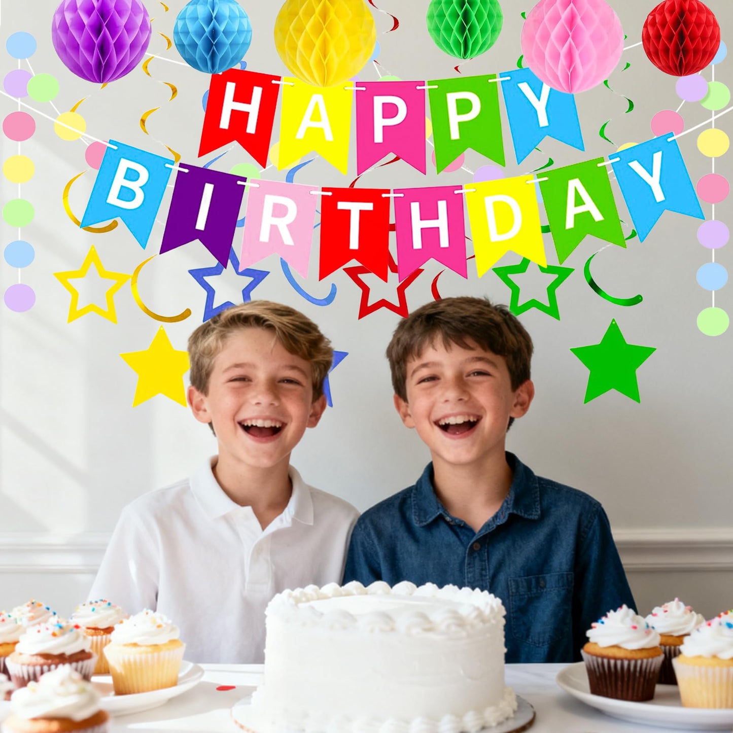 XXFBJNMD Colorful Birthday Banner with Honeycomb Balls, Stars, Swirl Streamers, Circle Dots Garland for Birthday Party