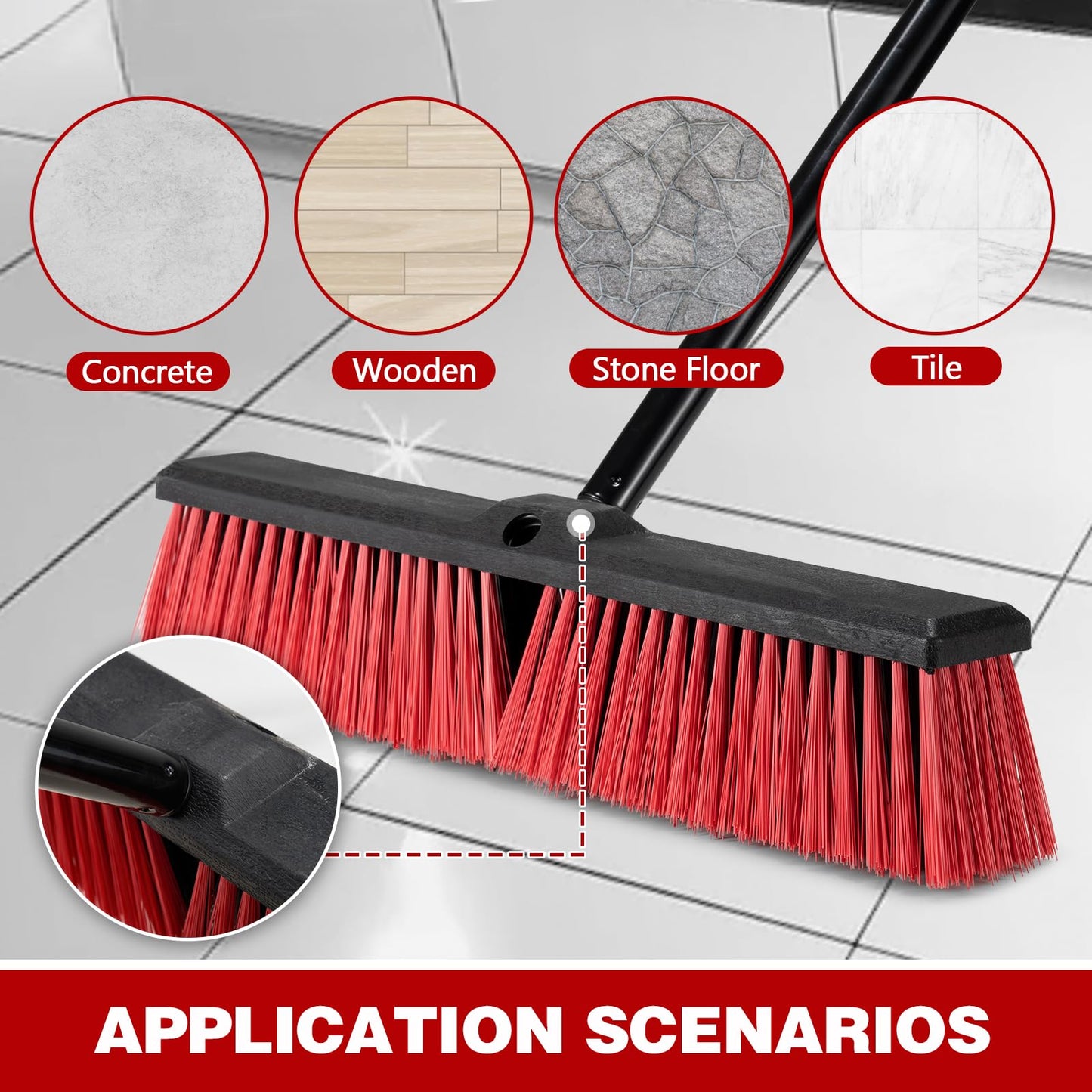18 Inch Heavy Duty Push Broom Outdoor with 63" Long Handle Stiff Bristle Brush for Patio,Deck,Driveway,Garage,Yard,Warehouse&Concrete Floor Cleaning (Red)