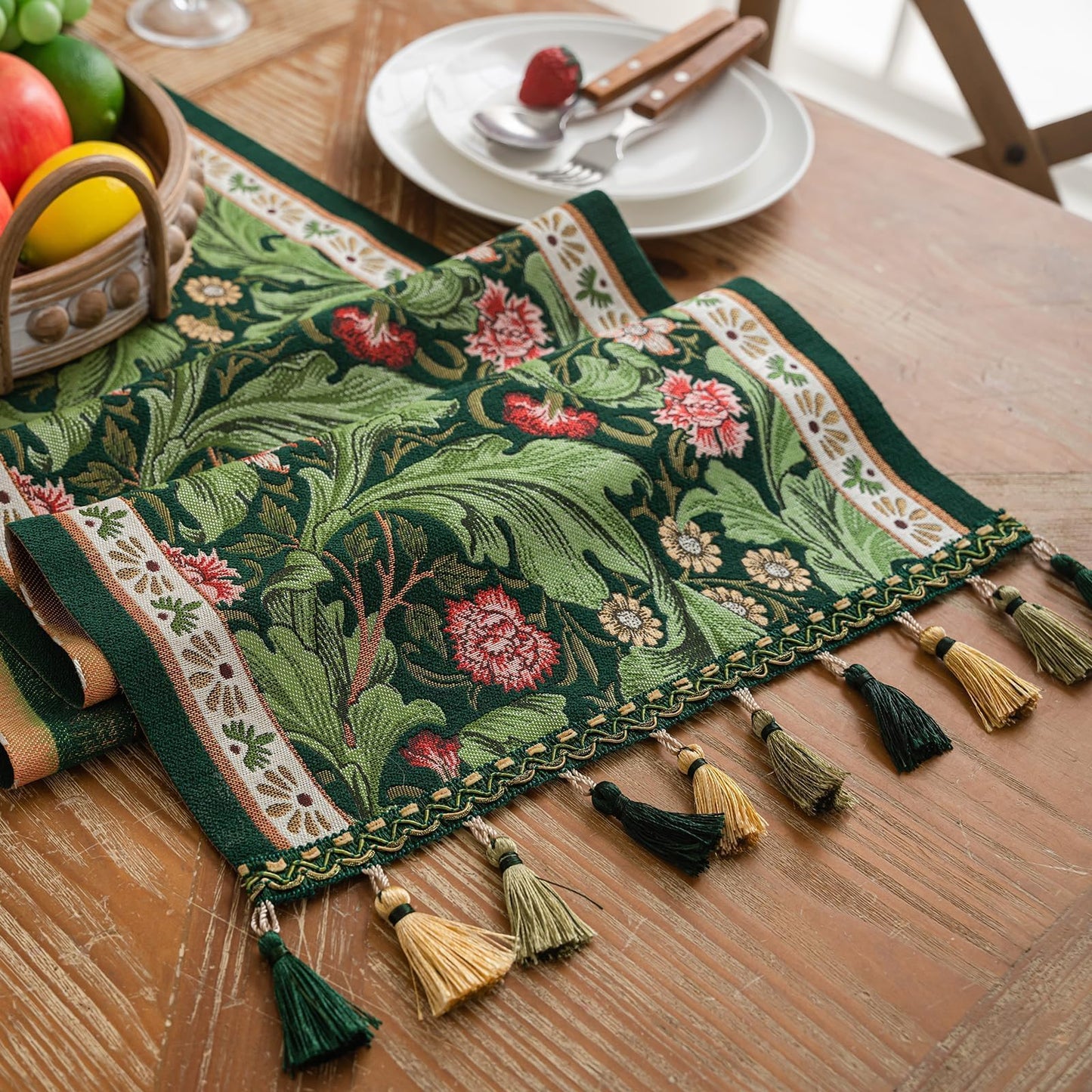 QGenuine Floral Table Runner with Tassel Edges, Cotton Blend Decorative Runner for Dining Table, Spring Table Decor