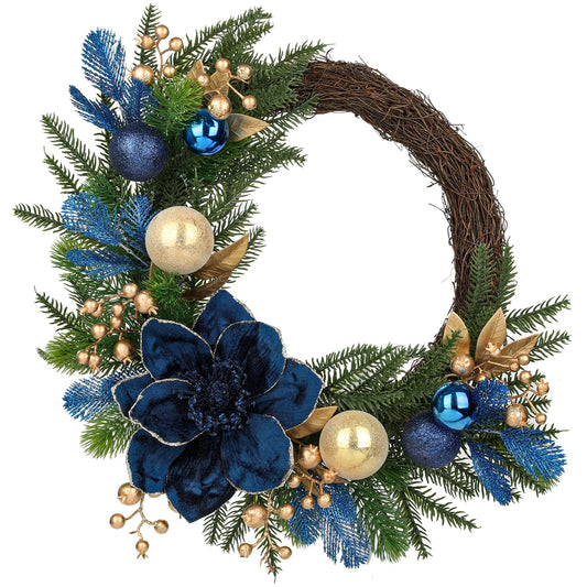 "20" Christmas Wreath for Front Door – Artificial Winter Half Wreath with Blue Velvet Maglonia Flower, Ball Ornaments, Berry Clusters for Indoor & Covered Outdoor Holiday Christmas Decoration "