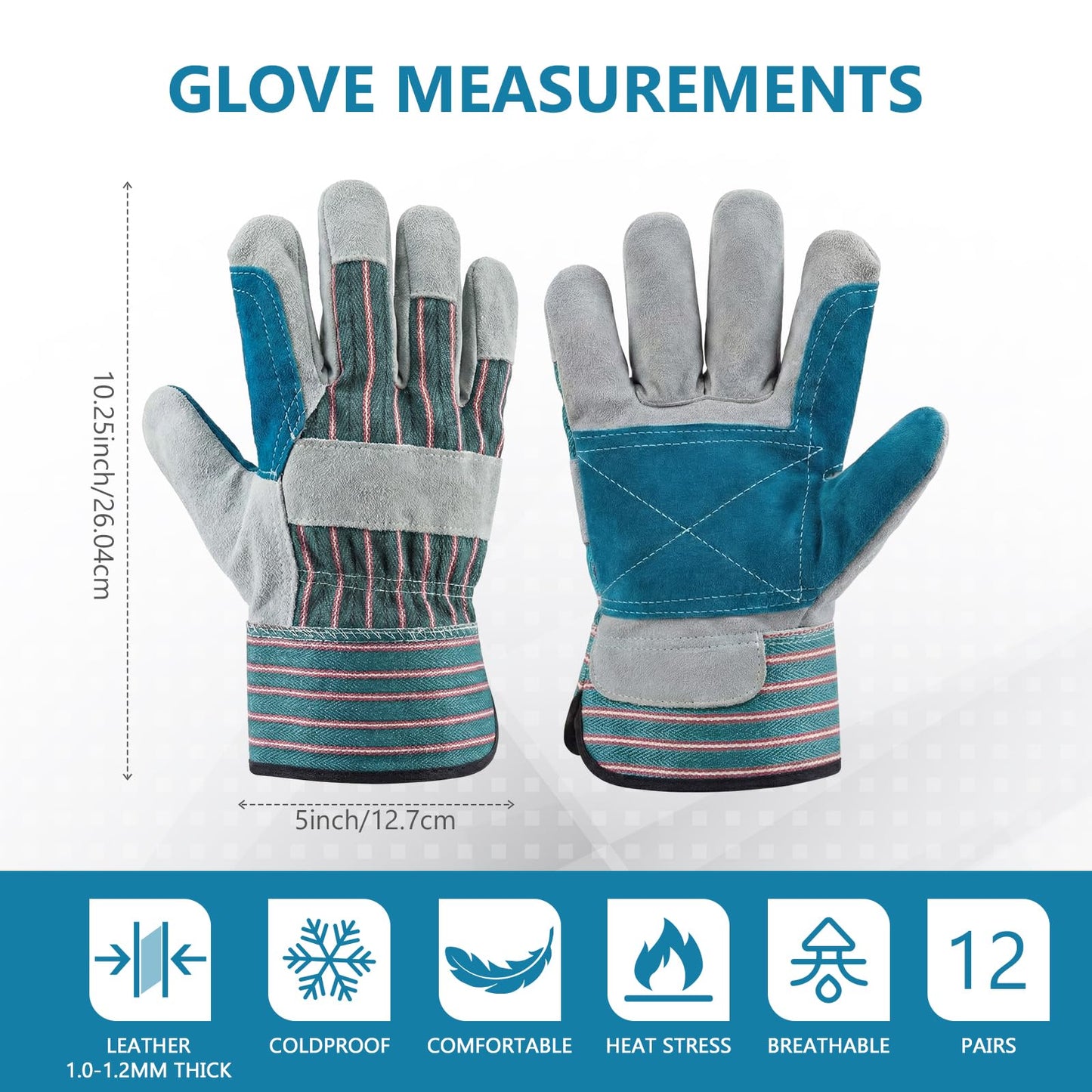 Ferrochef 12 Pairs Leather Work Gloves Bulk for Men Women Heavy Duty Leather Yard Gardening Gloves with Reinforced Palms Safety Cuff (Blue)