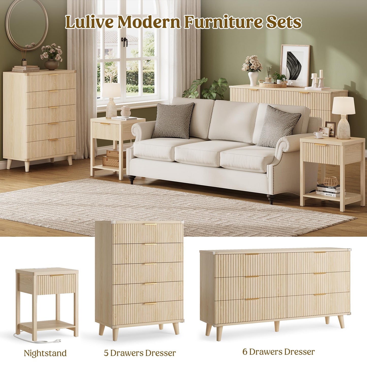 Lulive Night Stand Set 2, Fluted Nightstand with Charging Station, Wood Modern Bedside End Table with Storage Drawer for Bedroom, Save Space (Set of 2, Natural Oak)