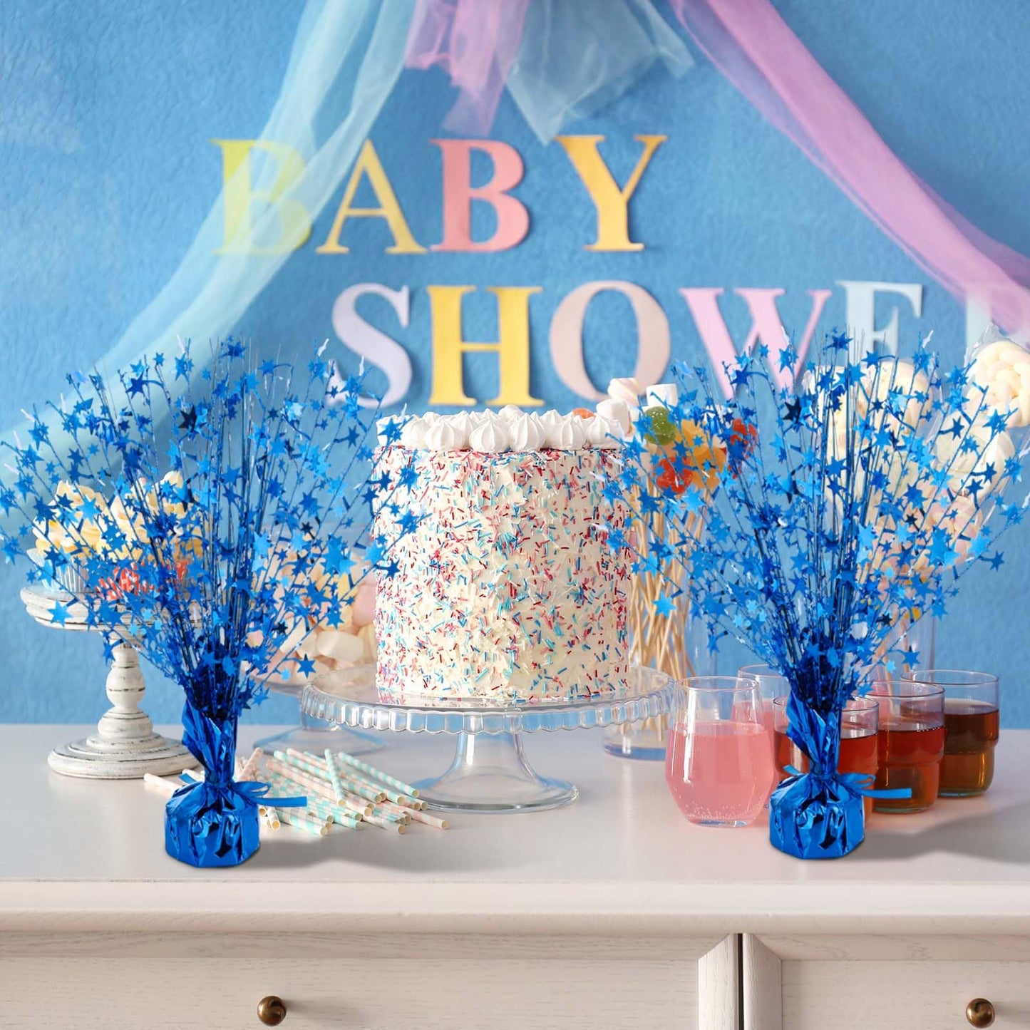 Crowye 6 Pcs Metallic Foil Spray Centerpiece Party Star Decoration Table Decor for Birthday Wedding Graduation Bachelorette Spring Party Holiday(Blue,Small Star)