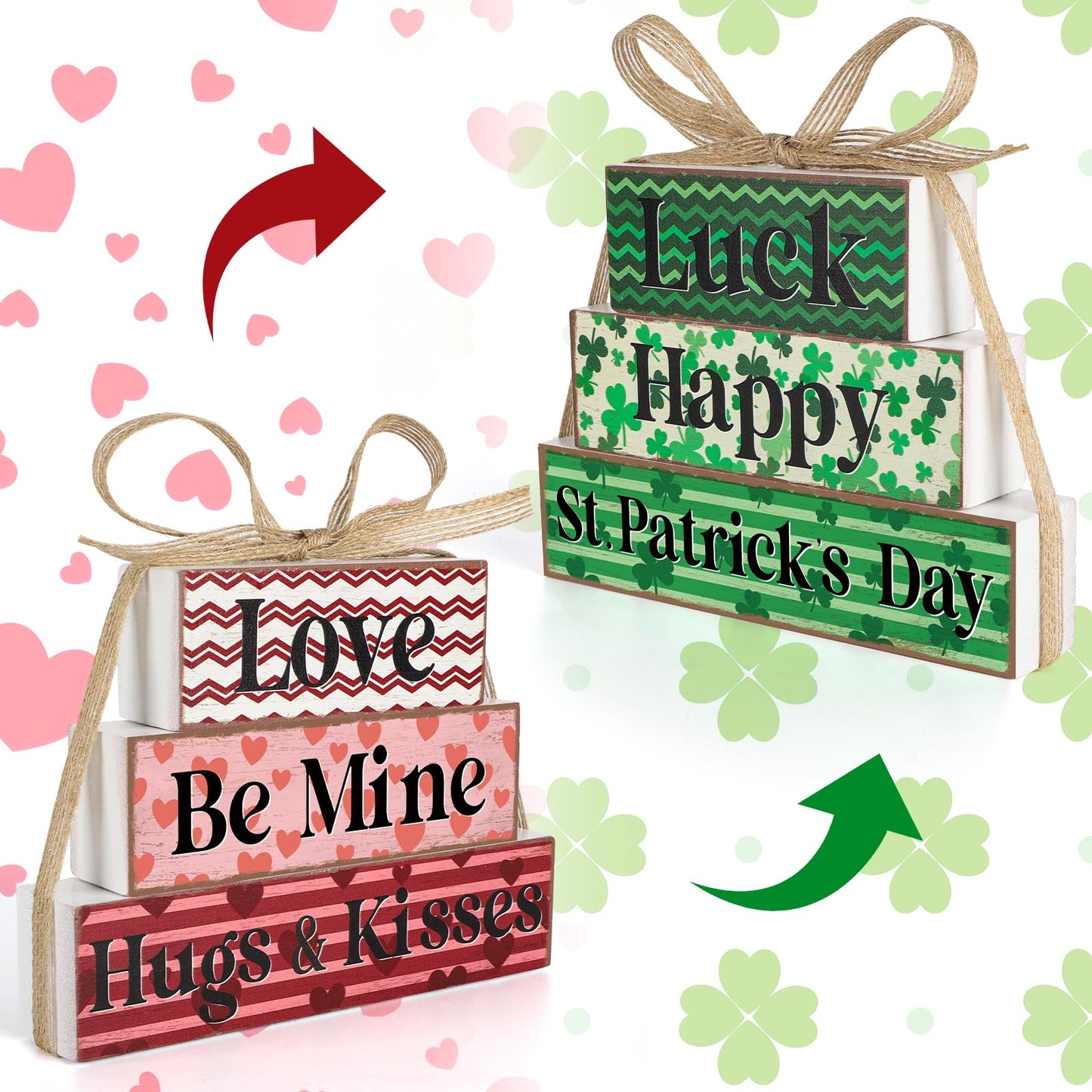 Valentine's Day Decoration Reversible Valentine St. Patrick's Day Table Decoration Wooden Table Centerpieces Rustic Valentine Tabletop Sign Bundle Double Side Irish Tiered Tray Decor for Home Office Decor