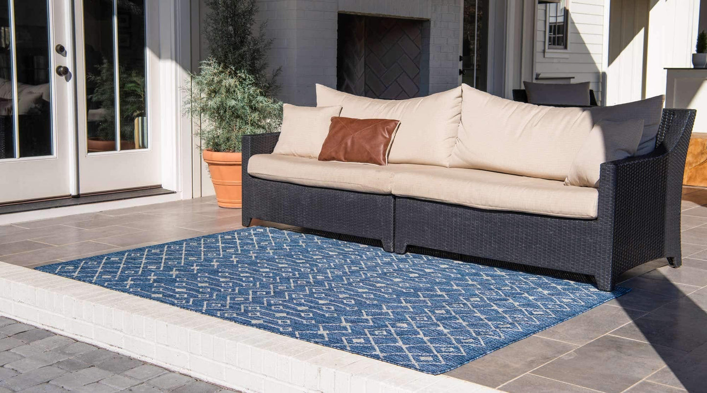 Unique Loom Outdoor Trellis Collection Area Rug - Tribal Trellis (8' x 10' Rectangle, Blue/ Ivory)