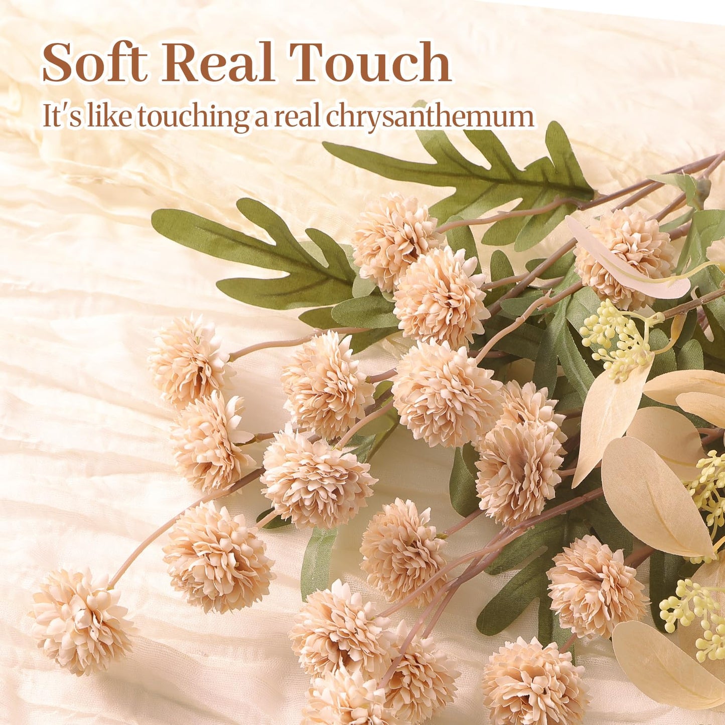 Alupssuc 16PCS Faux Silk Pompon Mums Artificial Flowers with Eucalyptus, Fake Chrysanthemum Floral for DIY Vase Arrangement, Long Stem Dining Table Centerpiece Home Decor, Beige