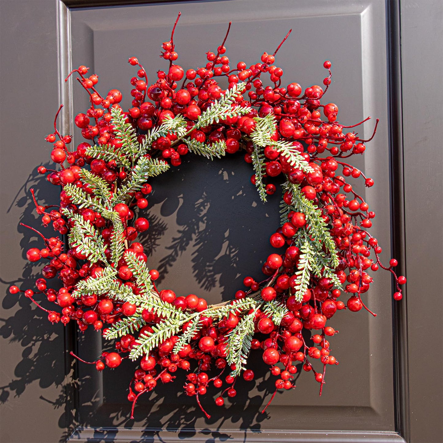 Yawwind 20 Inches Red Christmas Wreaths Farmhouse Christmas Wreaths for Front Door Classic Red Berry Wreath Winter Holiday Wreath with Fir Pine Needle for Doors Window Indoors Porches Outside