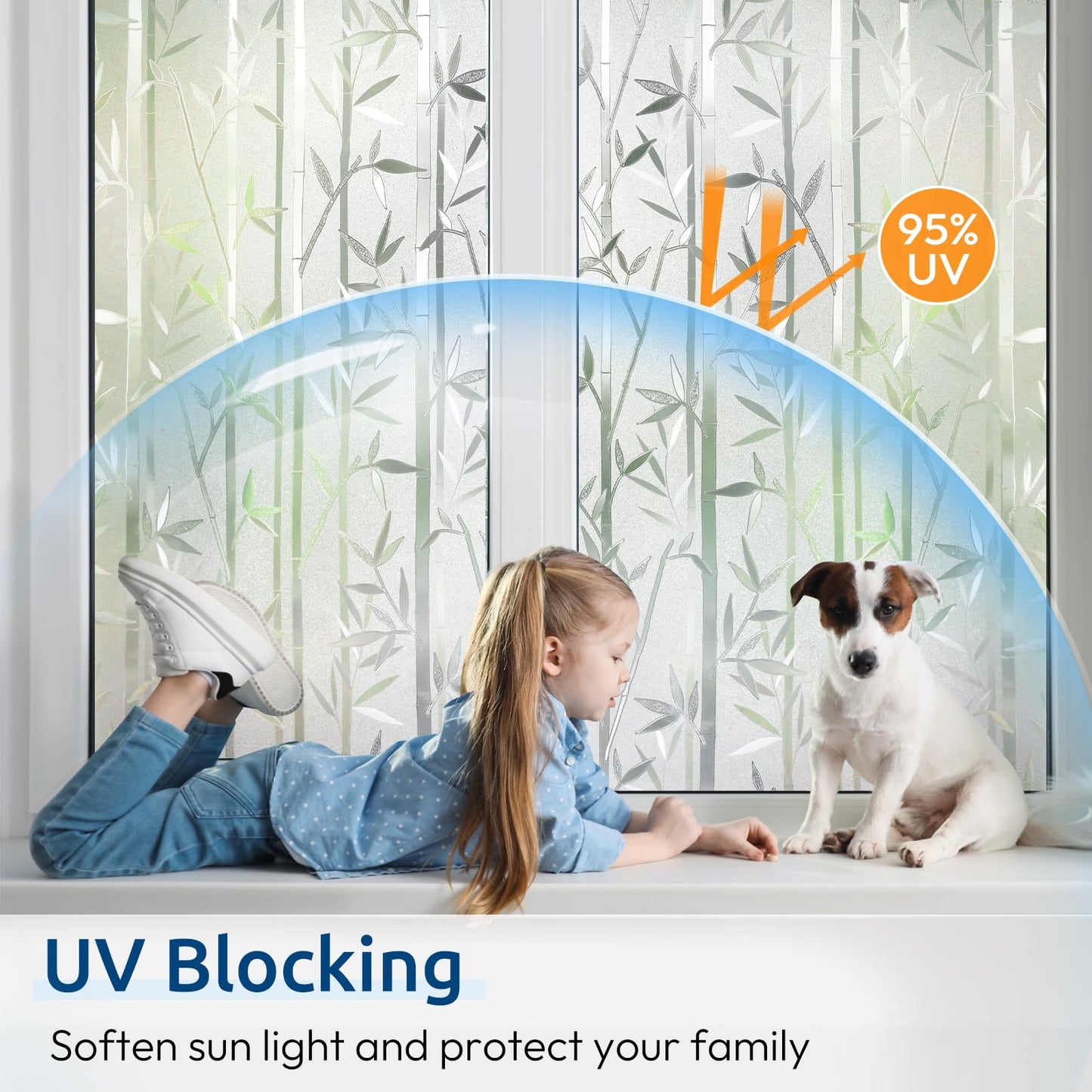 rabbitgoo Window Privacy Film Frosted Bamboo Pattern, Removable UV Blocking Stained Glass Decals Covering Decorative Window Cling for Home, 17.5 in X 6.5 Feet, Regular