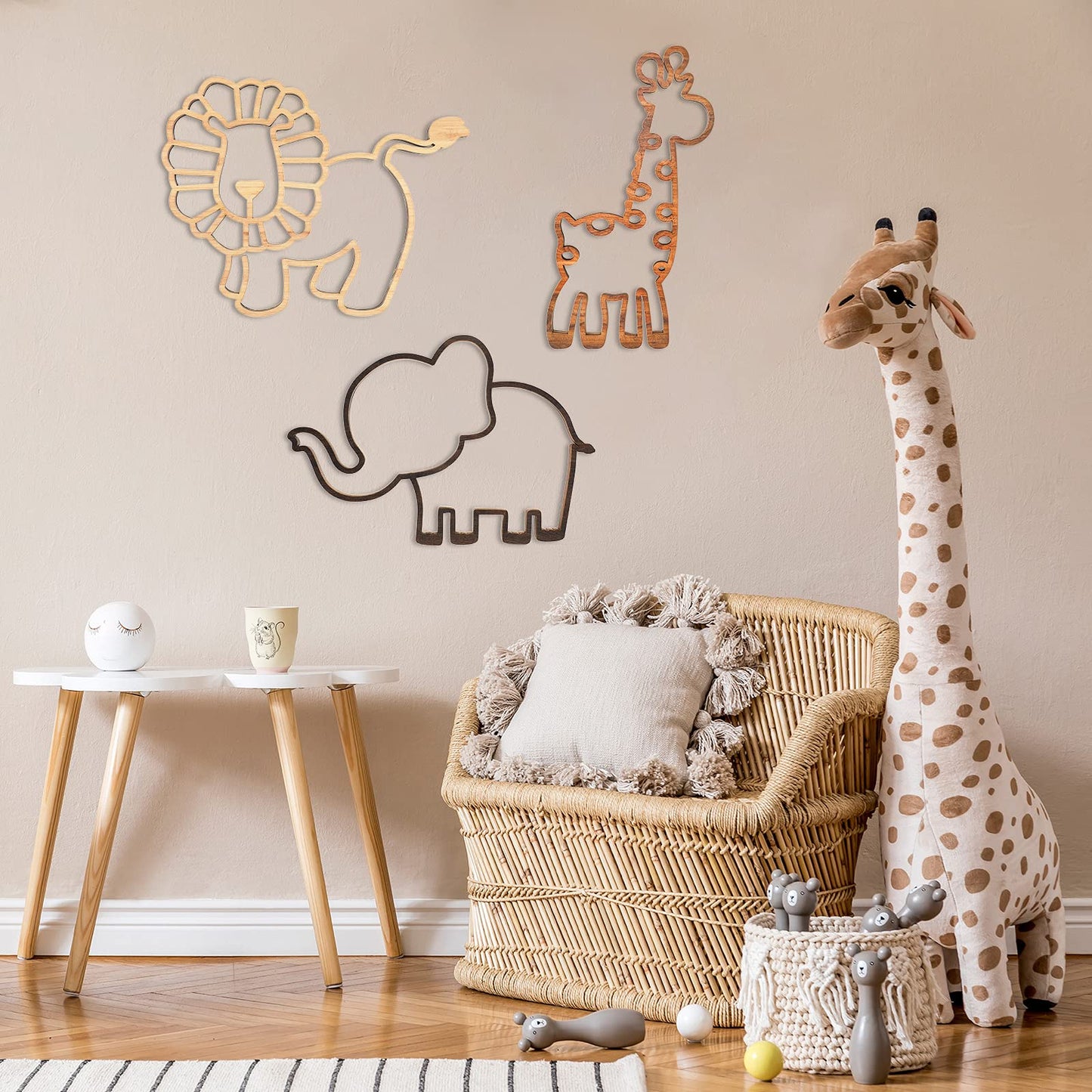 Yulejo 3 Pieces Nursery Wall Decor Jungle Theme Nursery Decoration Wooden Woodland Safari Animal Wall Decor with Glue Points for Bedroom