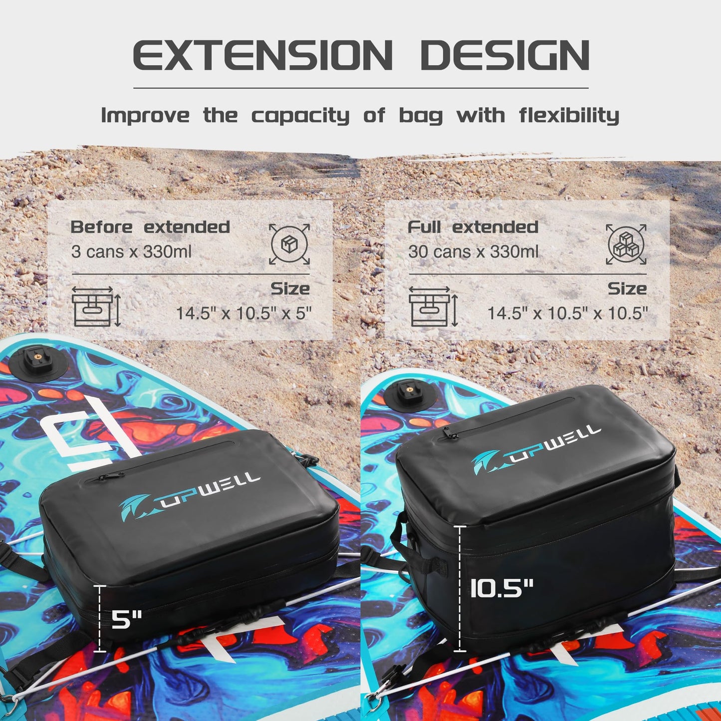 UPWELL Paddleboard Accessories SUP Cooler Deck Bag, PVC Paddle Board Surf Bag for Paddle Board, Kayak, Black Soft Small Camping Cooler for Travel Beach Waterproof