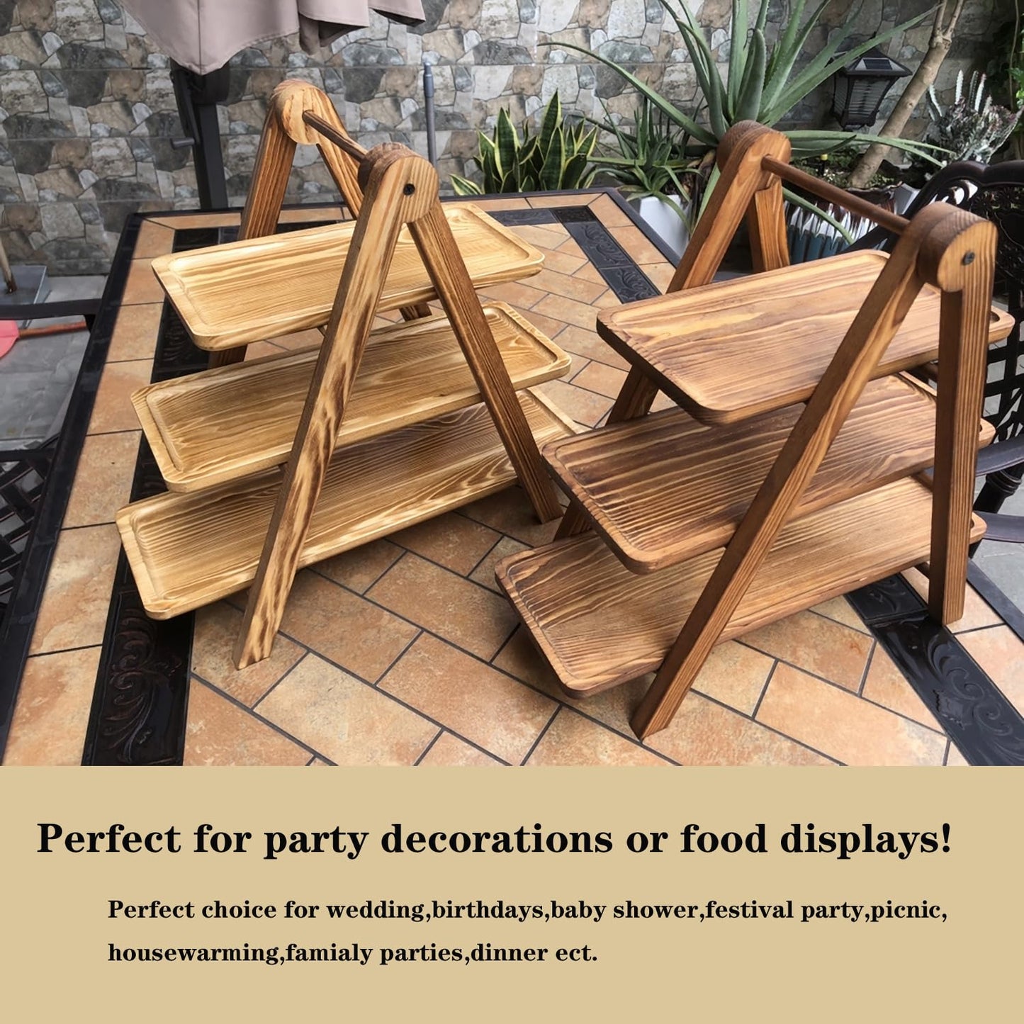 HDODA Wooden 3 Tier Serving Tray, Detachable Cupcake Stand, Rectangle Serving Platter Three Tiered Stand,Fruit,Appetizer,Dessert Decorative Tray Decor Party Food Table Display