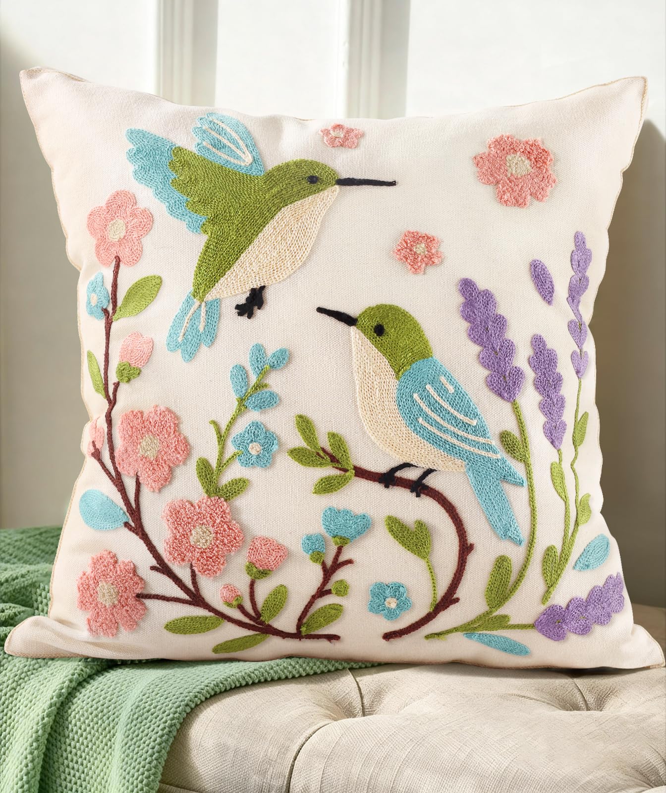 Kokaaee Spring Pillow Cover 18x18 Inch – Embroidered Summer Throw Pillow Cover Flowers Birds Farmhouse Decorative Cushion Case with Hidden Zipper Decoration for Couch, Sofa, Living Room(1 Pack)