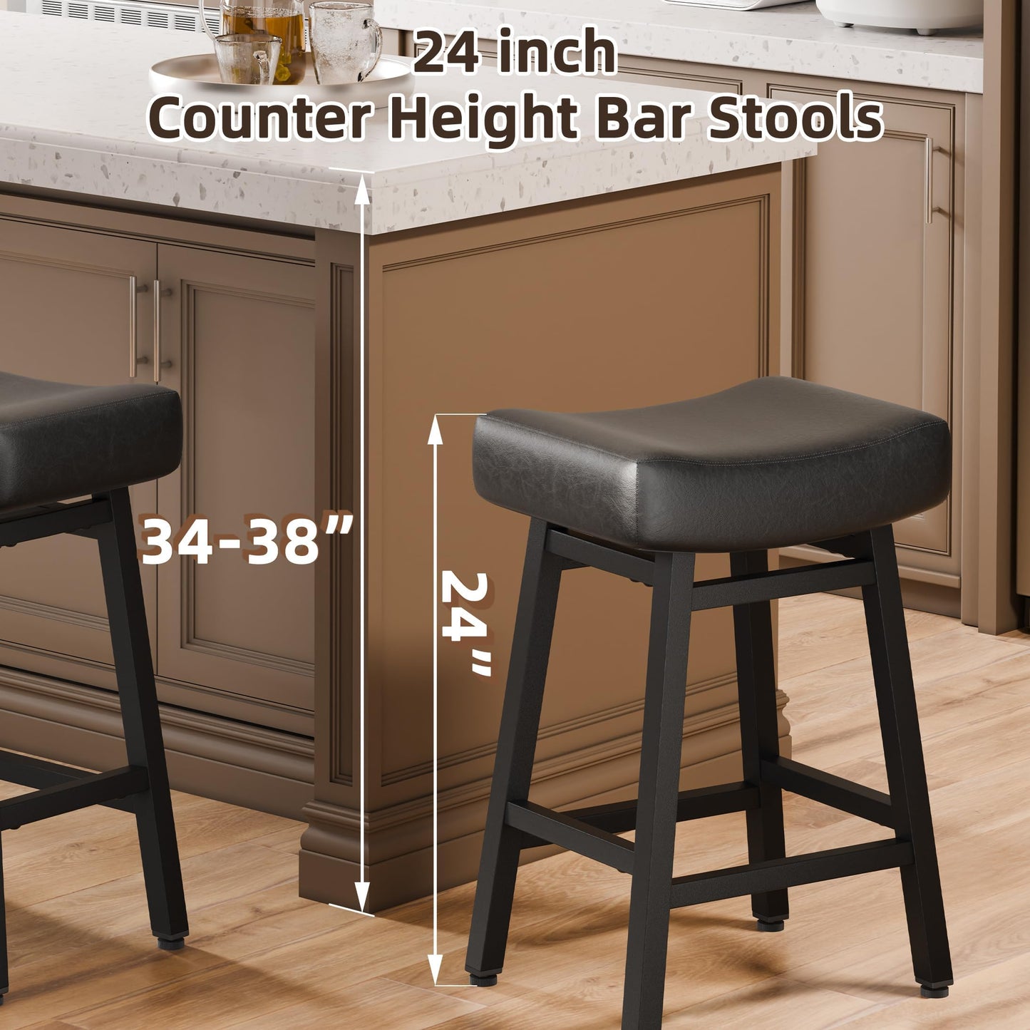 LONXIU Counter Height Bar Stools Set of 2, 24 Inch Backless BarStools for Kitchen Island Leather Saddle Bar Chairs Kitchen Stools with 4" Thick Seats & Heavy Duty Metal Base, Black
