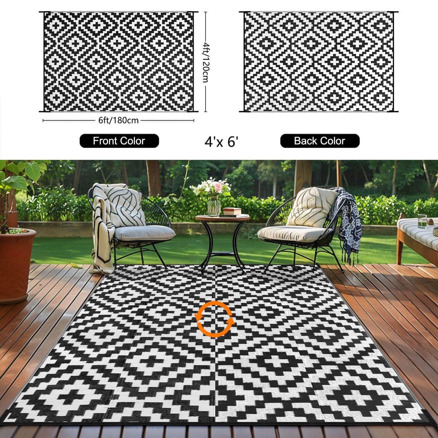 Outdoor Patio Plastic Straw Rug - 4x6 ft Outdoor Camping Rug Waterproof Reversible, Area Carpet Patios Clearance RV, Outside Porch Balcony Deck for Camper, Black & White