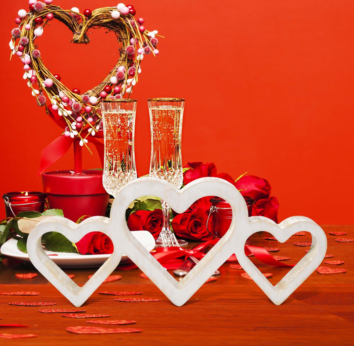 Gift Boutique Valentine's Day White Rustic Triple Heart Shaped Sign Decor Love Hearts Wooden Cutout Wall Table Tiered Tray Centerpiece Home Decoration