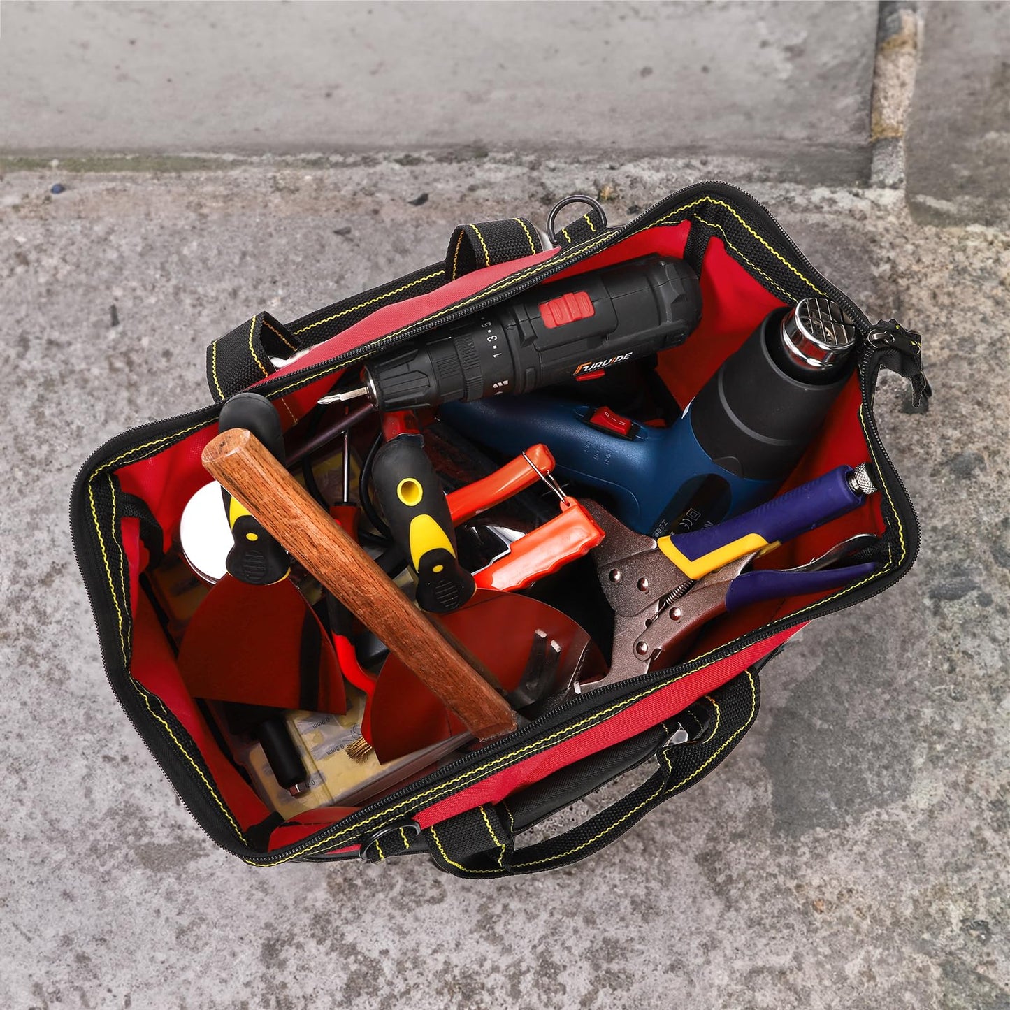 Hiceeden 16 Inch Wide Mouth Tool Bag, Collapsible Tool Tote with Waterproof Coating and Adjustable Strap, Portable Electrician Tool Organizer Handbag with 5 Outside Pockets, Red
