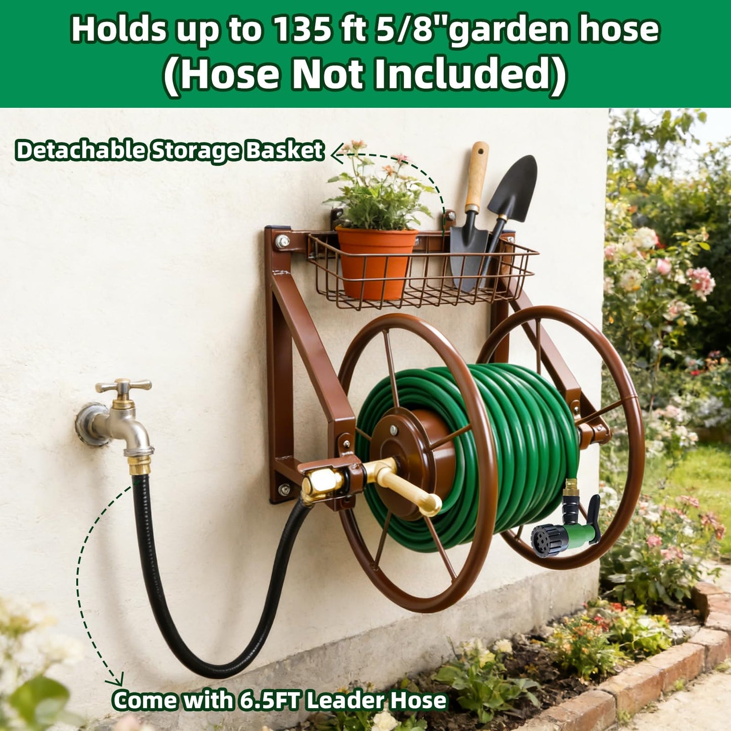 WERMAH Upgrade Wall Mounted Garden Hose Reel, Holds 135 ft of 5/8-inch Hose, Outdoor Water Hose Holder Winder, Space-Saving Design with Brass Fitting for Yard Lawn (Holds 135ft)