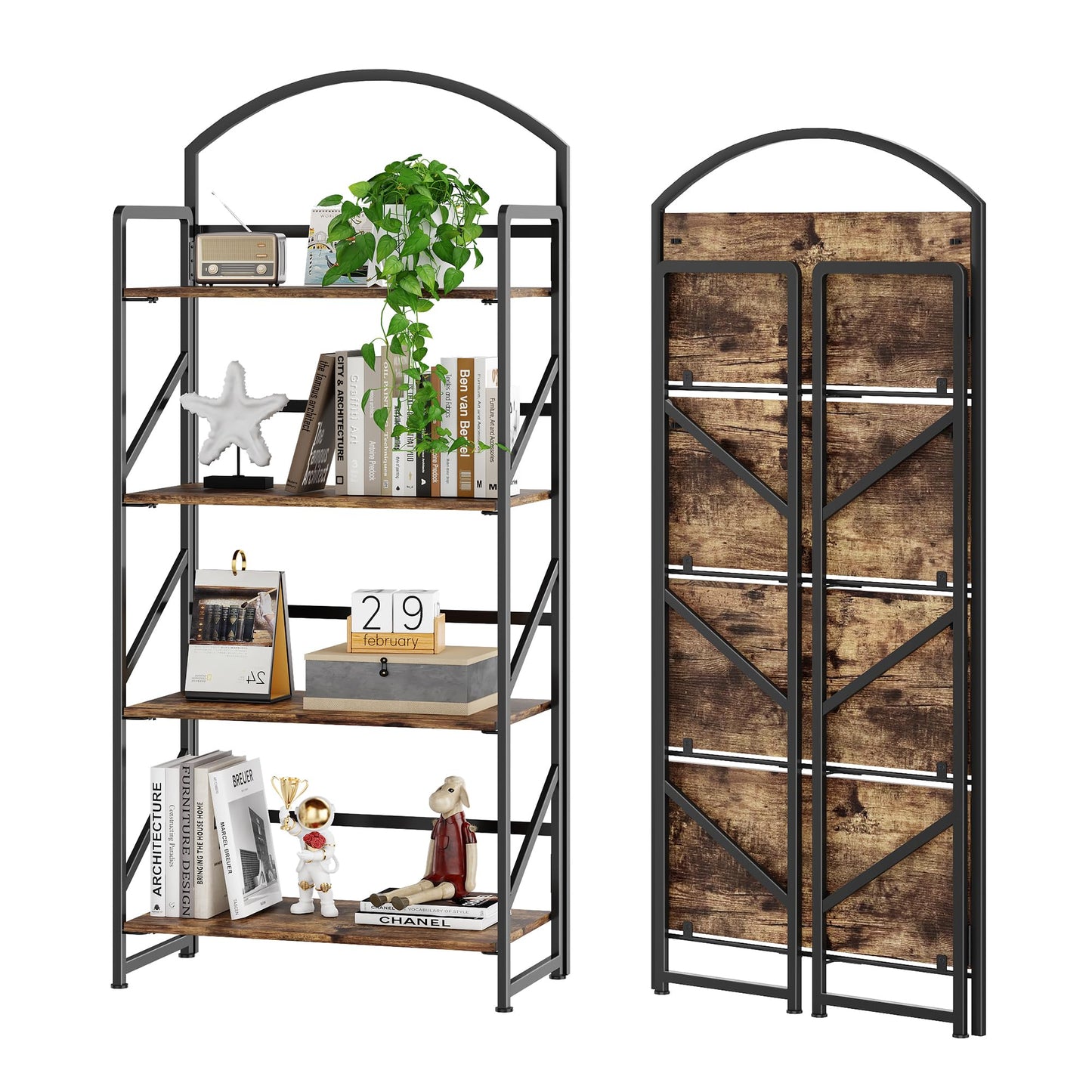 BHG Arched Bookshelf 4 Tier Shelf Storage Organizer Bookcase,No Assembly Folding Book Shelf for Living Room,Bedroom Home Office Rack Bookhelves
