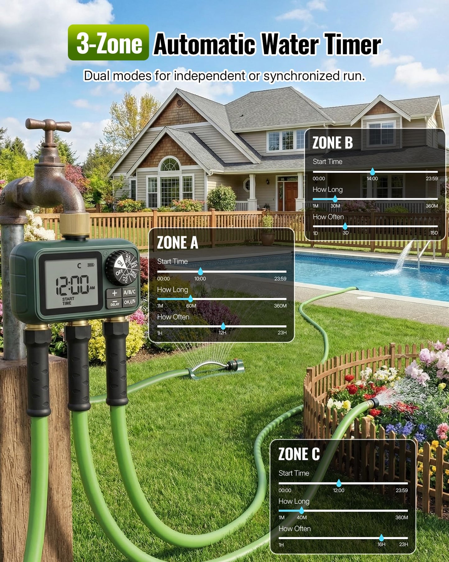 WILAWELS Brass Sprinkler Timer with Swivel, Programmable Water Timer for Garden Hose with Auto/Manual/Rain Delay Watering, Digital Irrigation System Kit,for Garden, Yard, Lawn 3 Outlet F13WT06