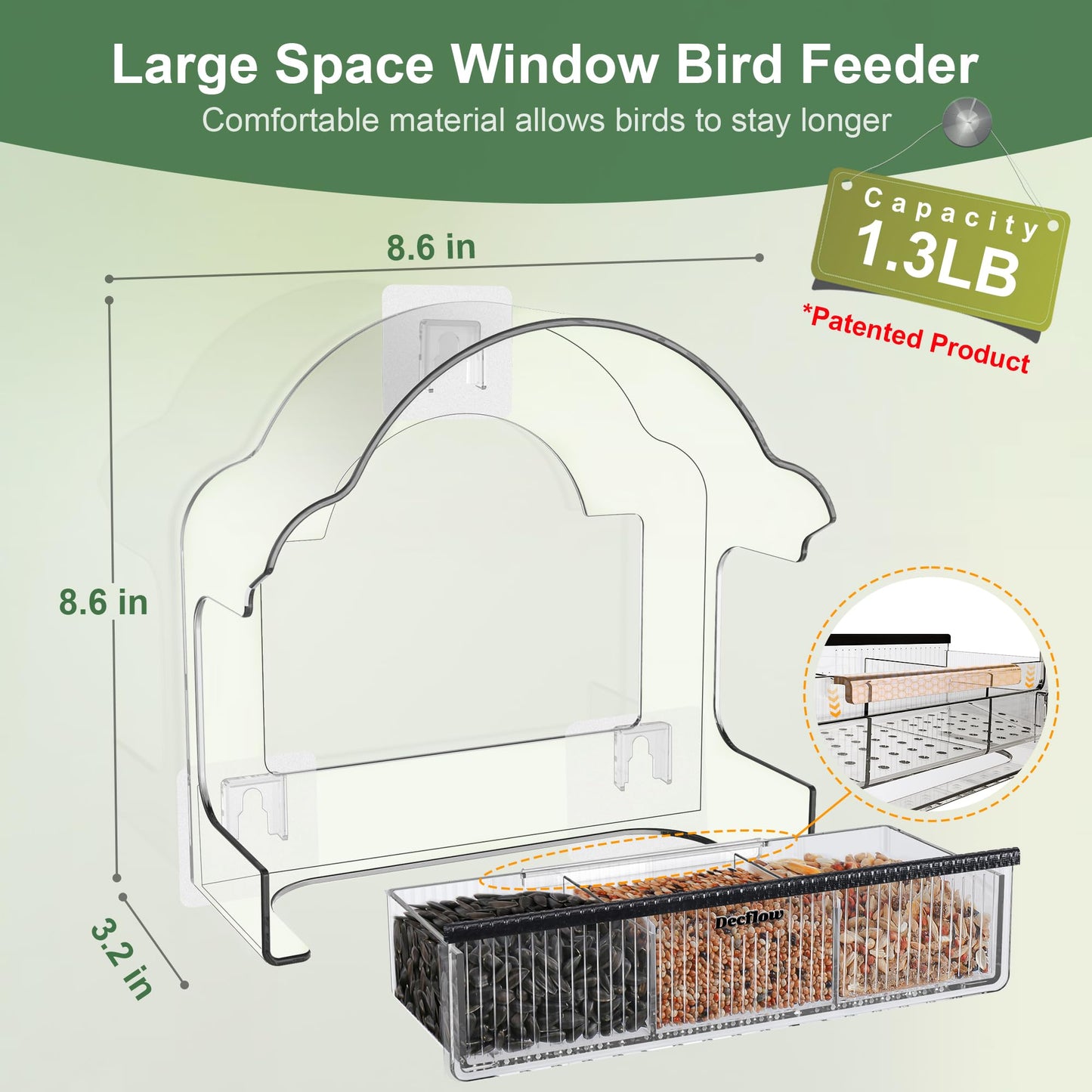 Decflow Window Bird Feeders for Outside, Clear Bird Window Feeder with 3 Pairs of Strong Stickers, Transparent Acrylic Birds House for Window Viewing, Removable Tray, Wild Birds Watching Present