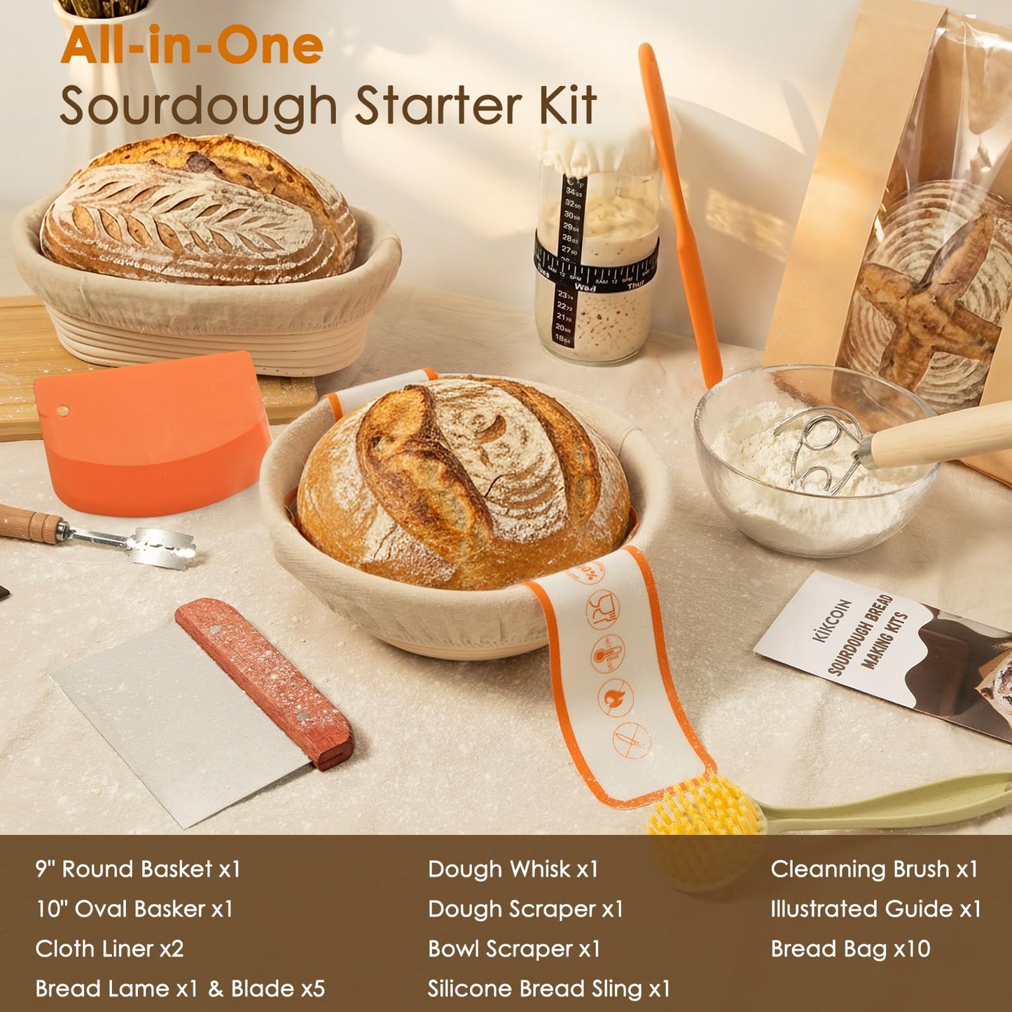 Kikcoin Sourdough Starter Kit, Complete Sourdough Bread Baking Supplies Includes 24oz Sourdough Starter Jar, Rattan Banneton Proofing Basket Set of 2, Artisan Bread Making Kit for Beginners & Pros