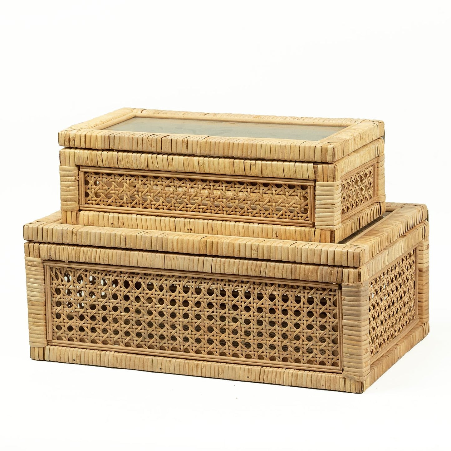 BOMINGHOME Rattan Display Box for Home Decor with Lid - Rectangular Coastal Bohemian Style Stackable Decorative Storage Box Set - Handmade from Natural Rattan, Cedar & Real Glass