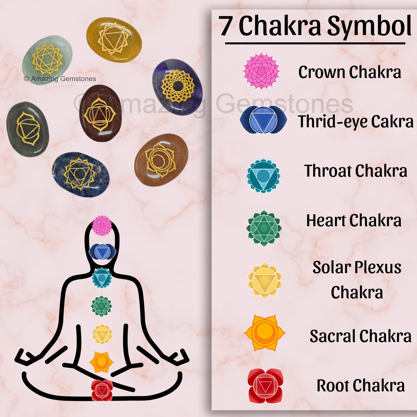 Amazing Gemstone 7 Chakra Oval Set Reiki Healing Crystal with Engraved Chakra OM Symbols Holistic Balancing Polished Palm Stones Set with Velvet Pouch